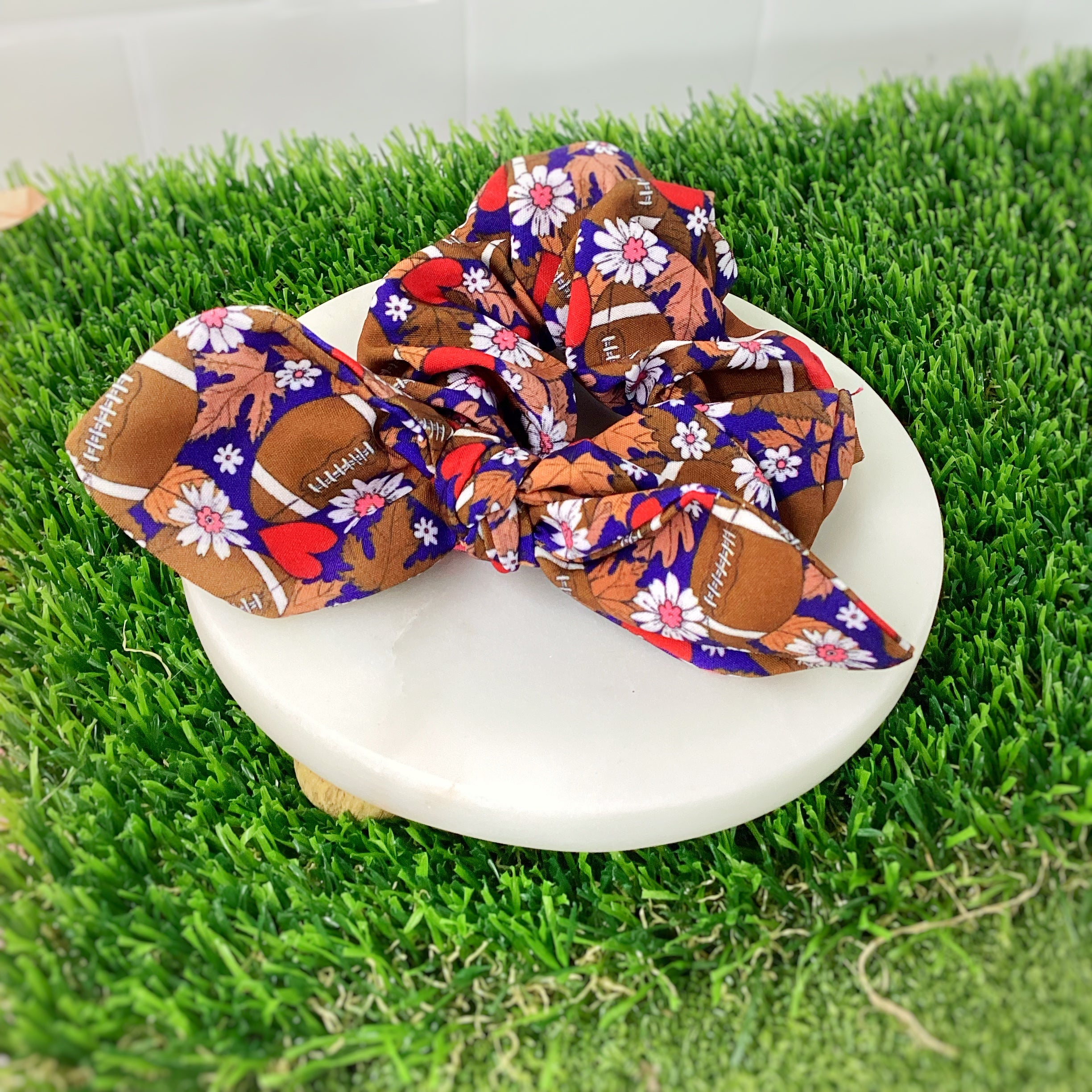 Navy with Red Hearts Football Bow Strip, Headband and Scrunchie Collection