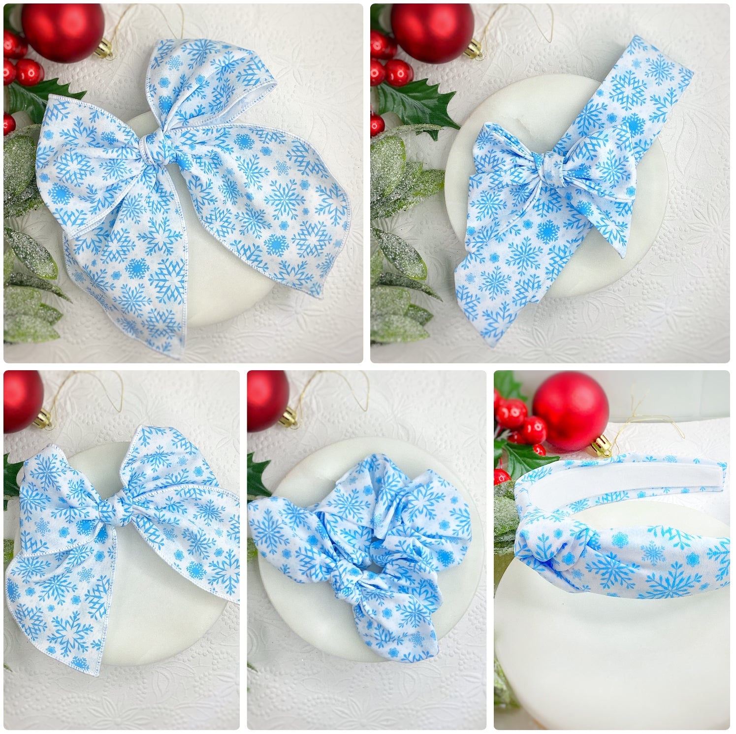 Lacey Snowflakes Bow Strip, Headband and Scrunchie Collection