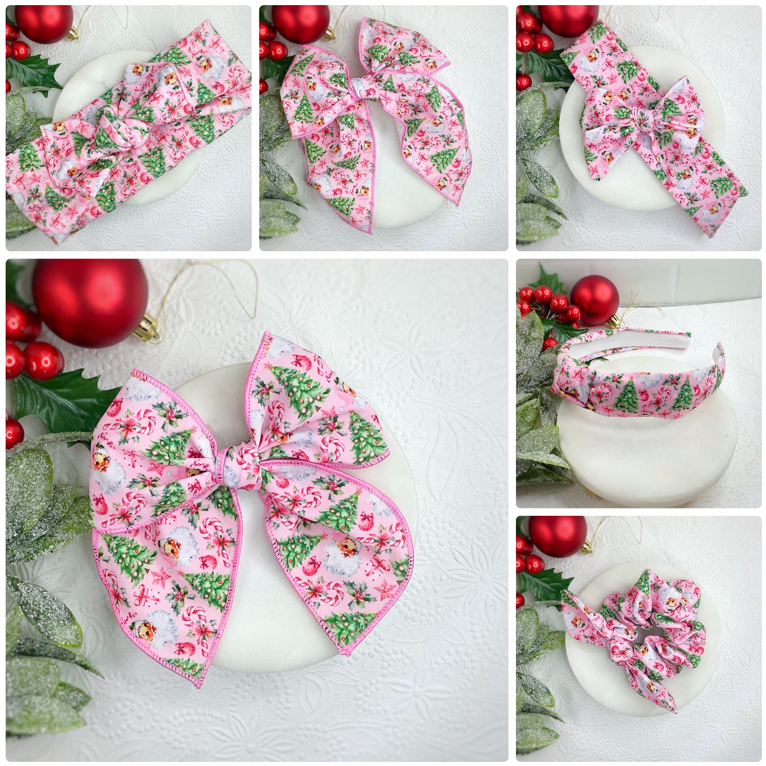 Pink Santa Bow Strip, Baby Headwrap, Headband and Scrunchie Collection