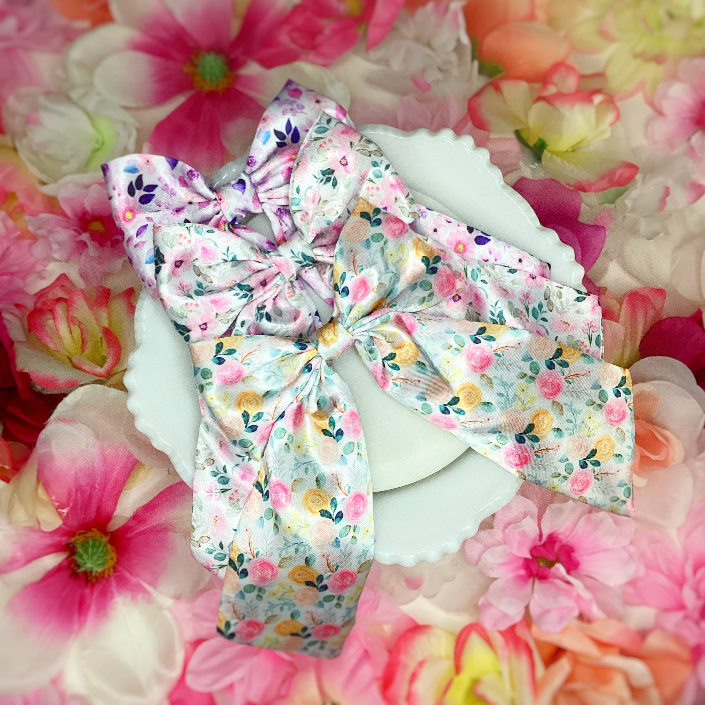 Yellow and Pink Satin Floral Coquette Bow and Bow Scrunchie Collection