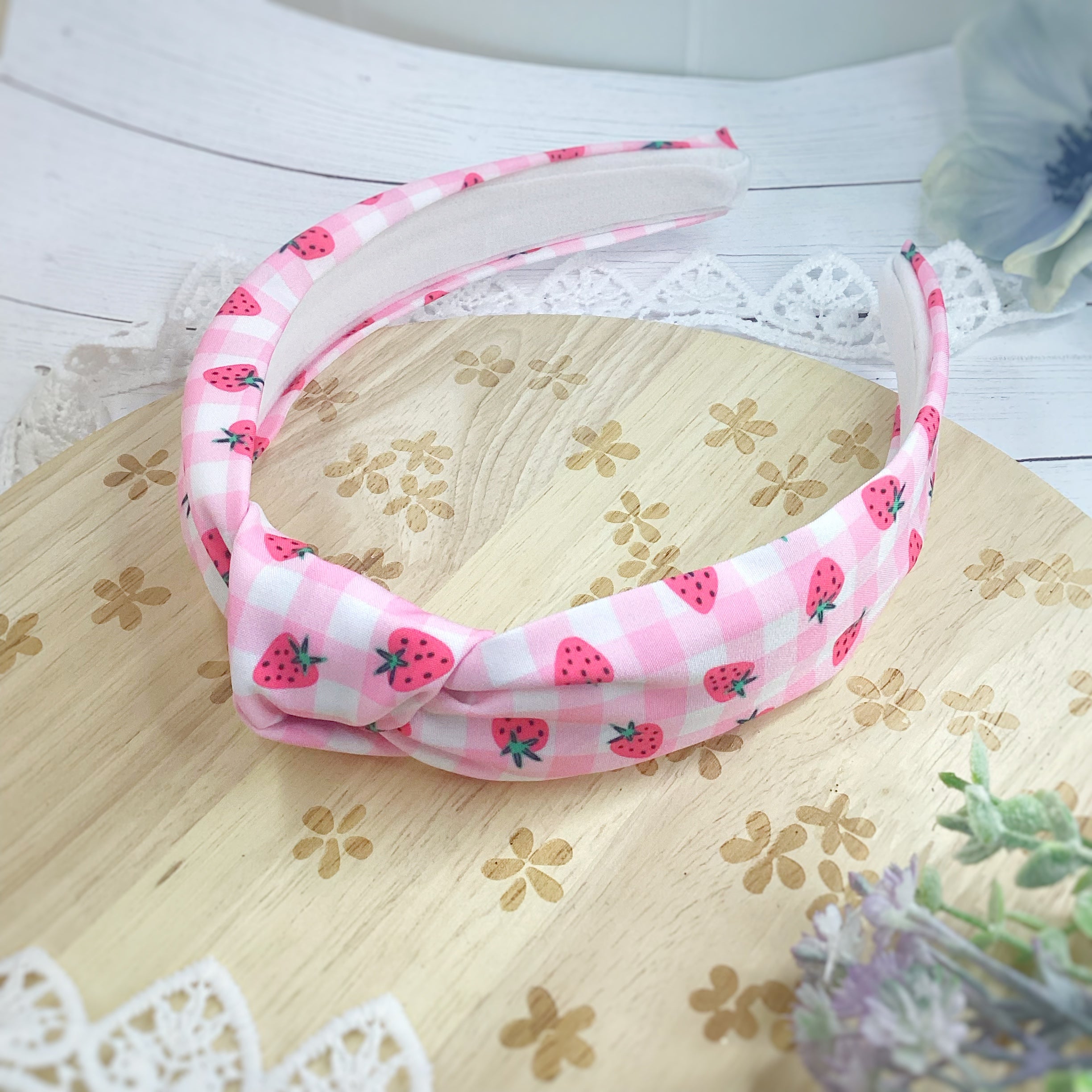 Strawberry Gingham Bow Strip, Headband and Scrunchie Collection