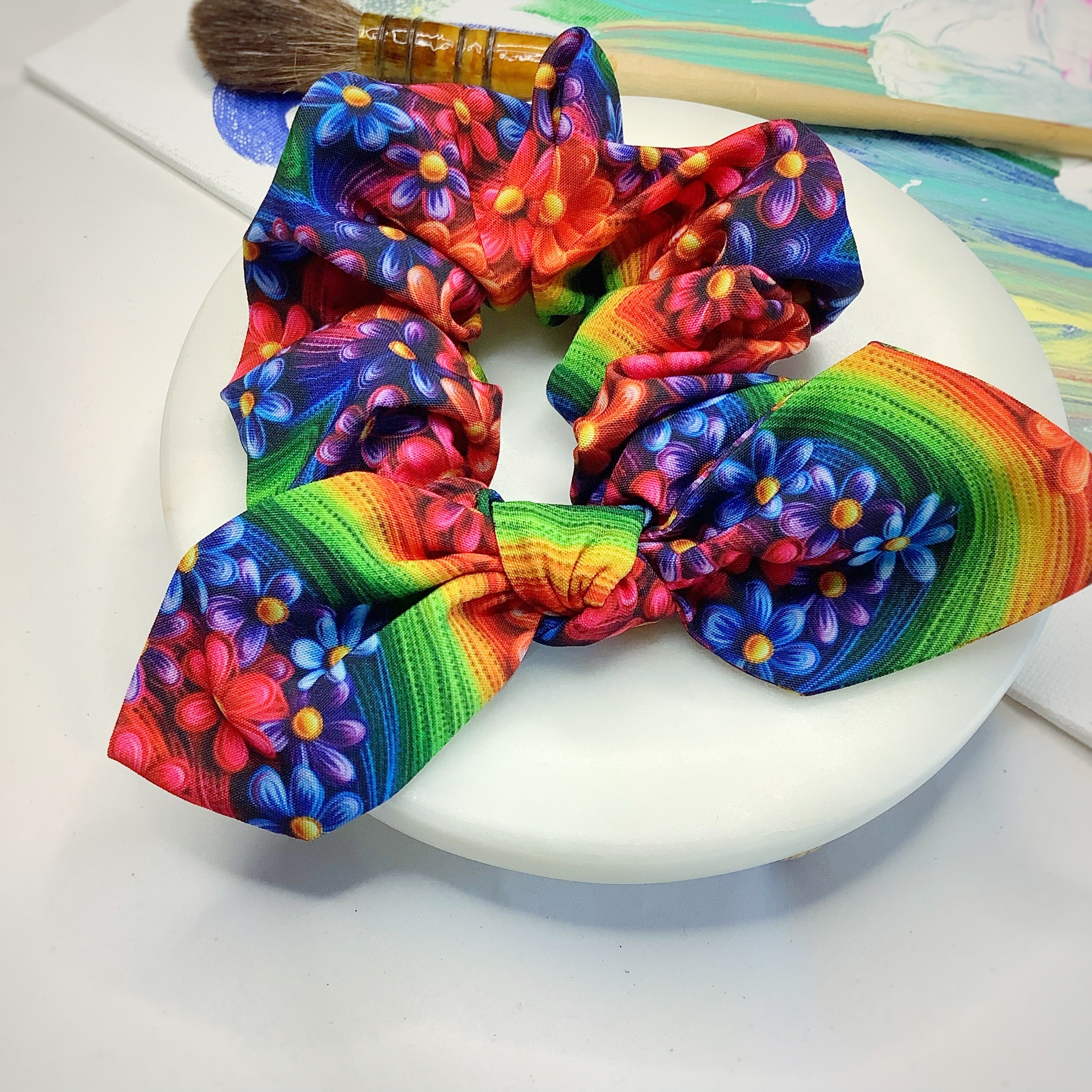 Embroidered-Look Floral Rainbows Bow Strip, Headband and Scrunchie Collection