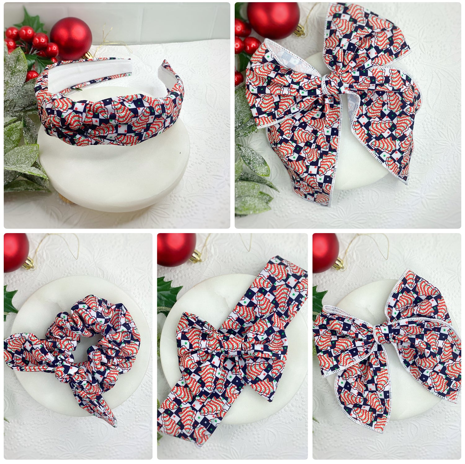 Checkered Tree Cakes Bow Strip, Headband and Scrunchie Collection