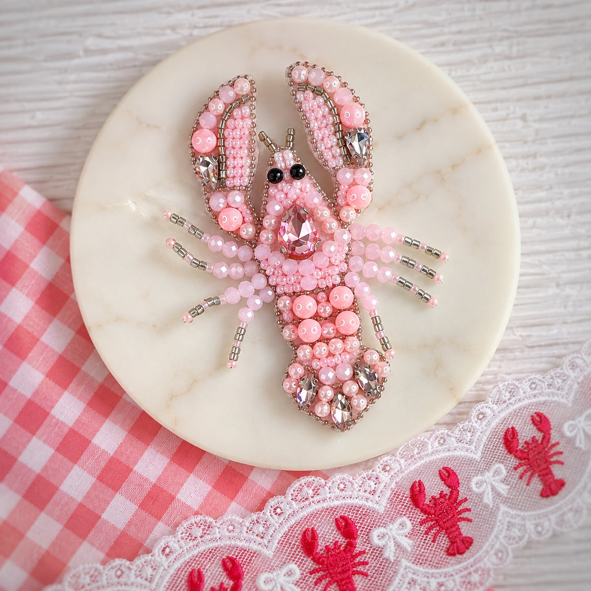 Hand Beaded Pink Crawfish Bow Center