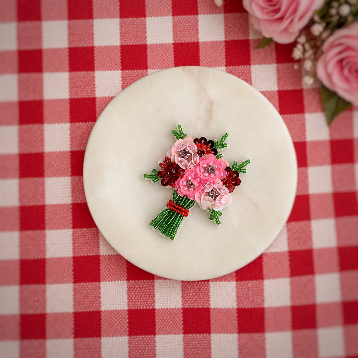 Hand Beaded Pink and Red Flower Bouquet Bow Center