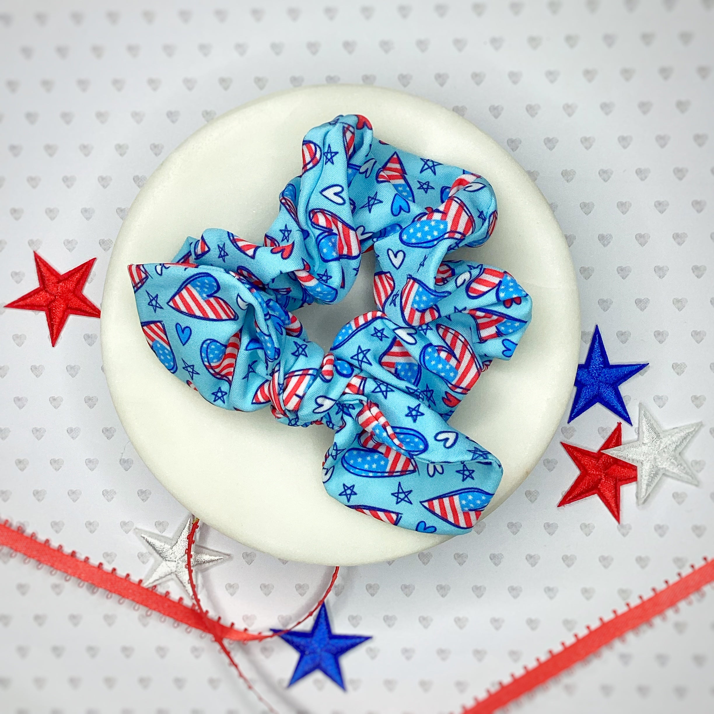 Patriotic Hearts Bow Strip, Baby Headwrap, Headband and Scrunchie Collection