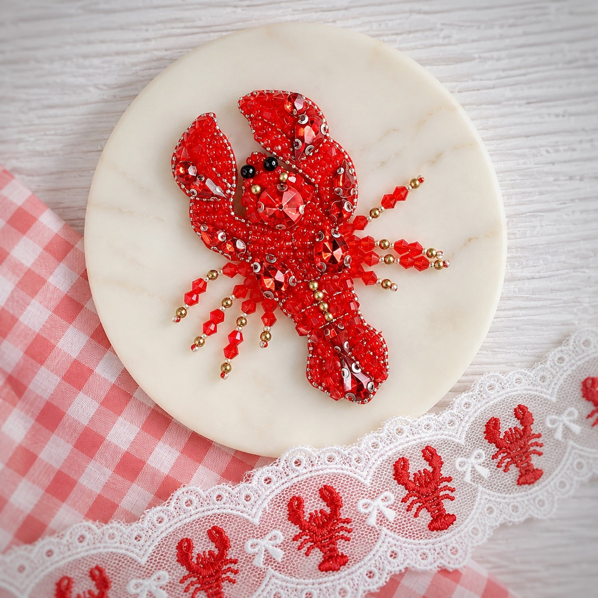 Hand Beaded Red Crawfish Bow Center