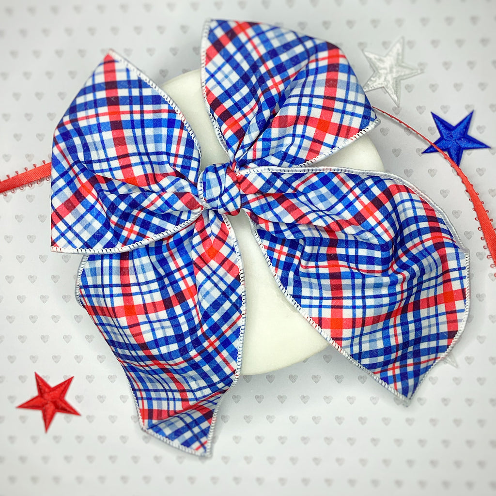 Patriotic Plaid Bow Strip, Headband and Scrunchie Collection