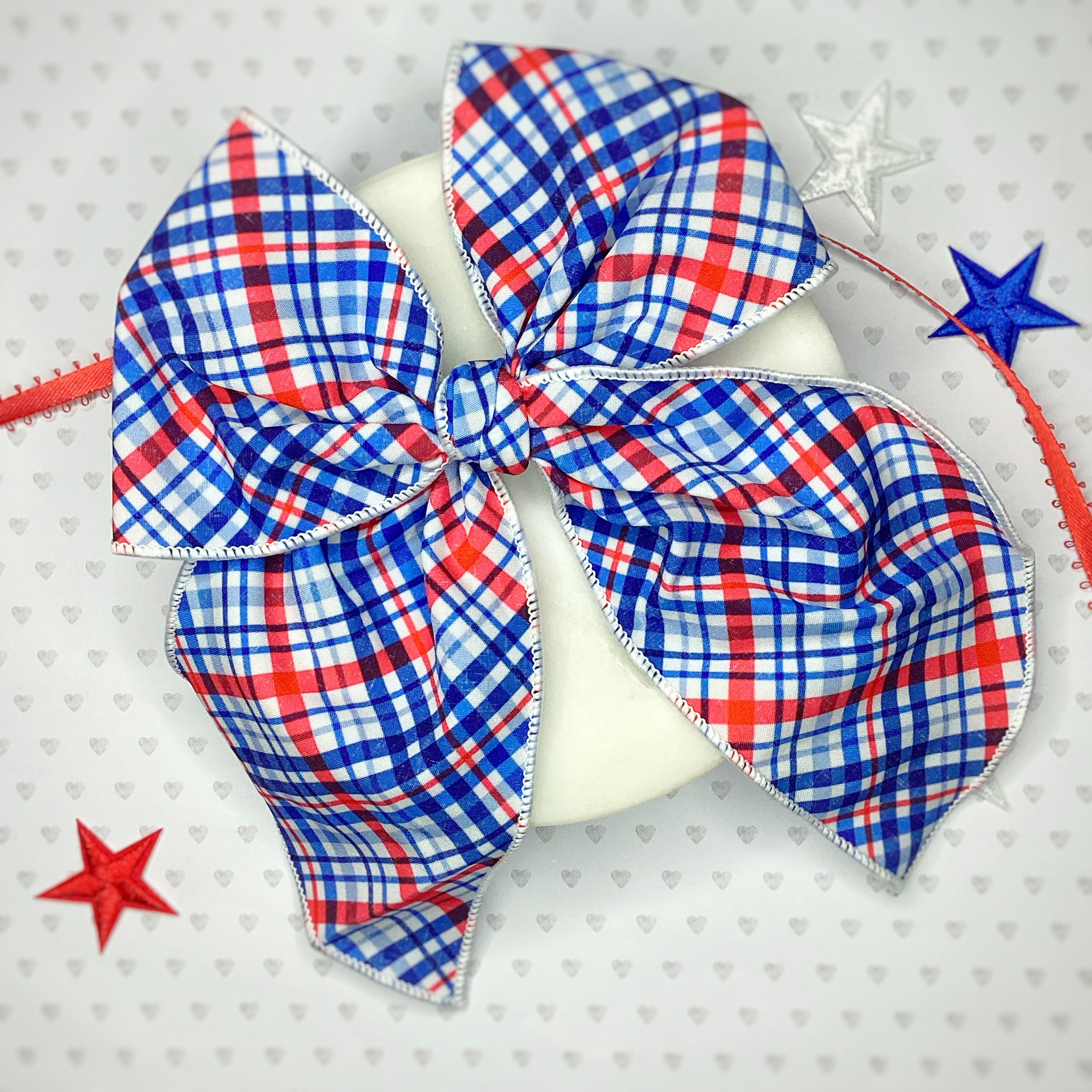 Patriotic Plaid Bow Strip, Headband and Scrunchie Collection