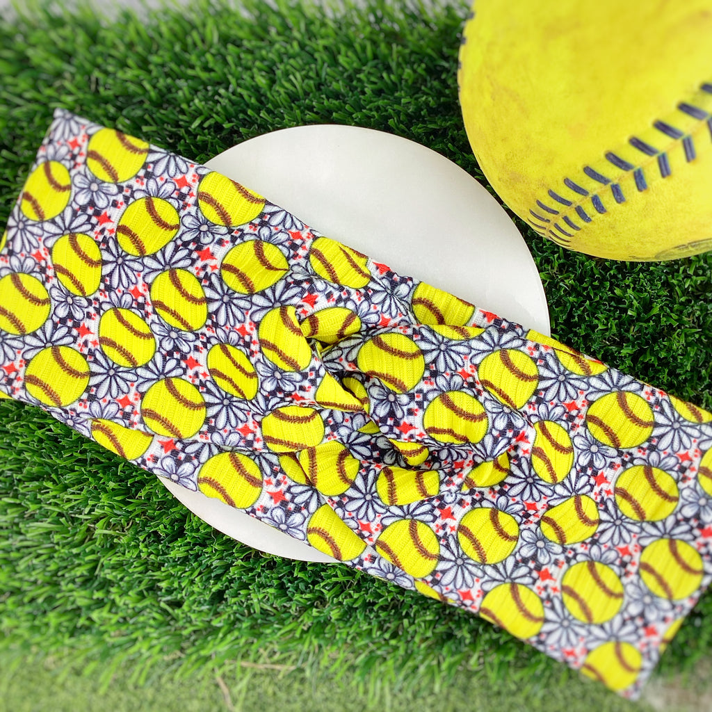 Softballs and Flowers Bow Strip, Headband and Scrunchie Collection