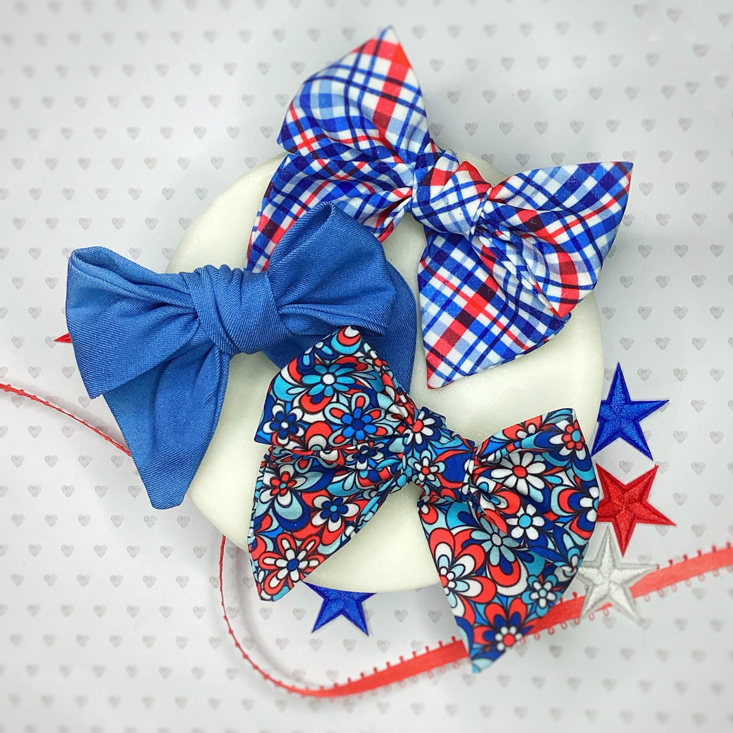 Patriotic Mod Florals Bow Strip, Headband and Scrunchie Collection