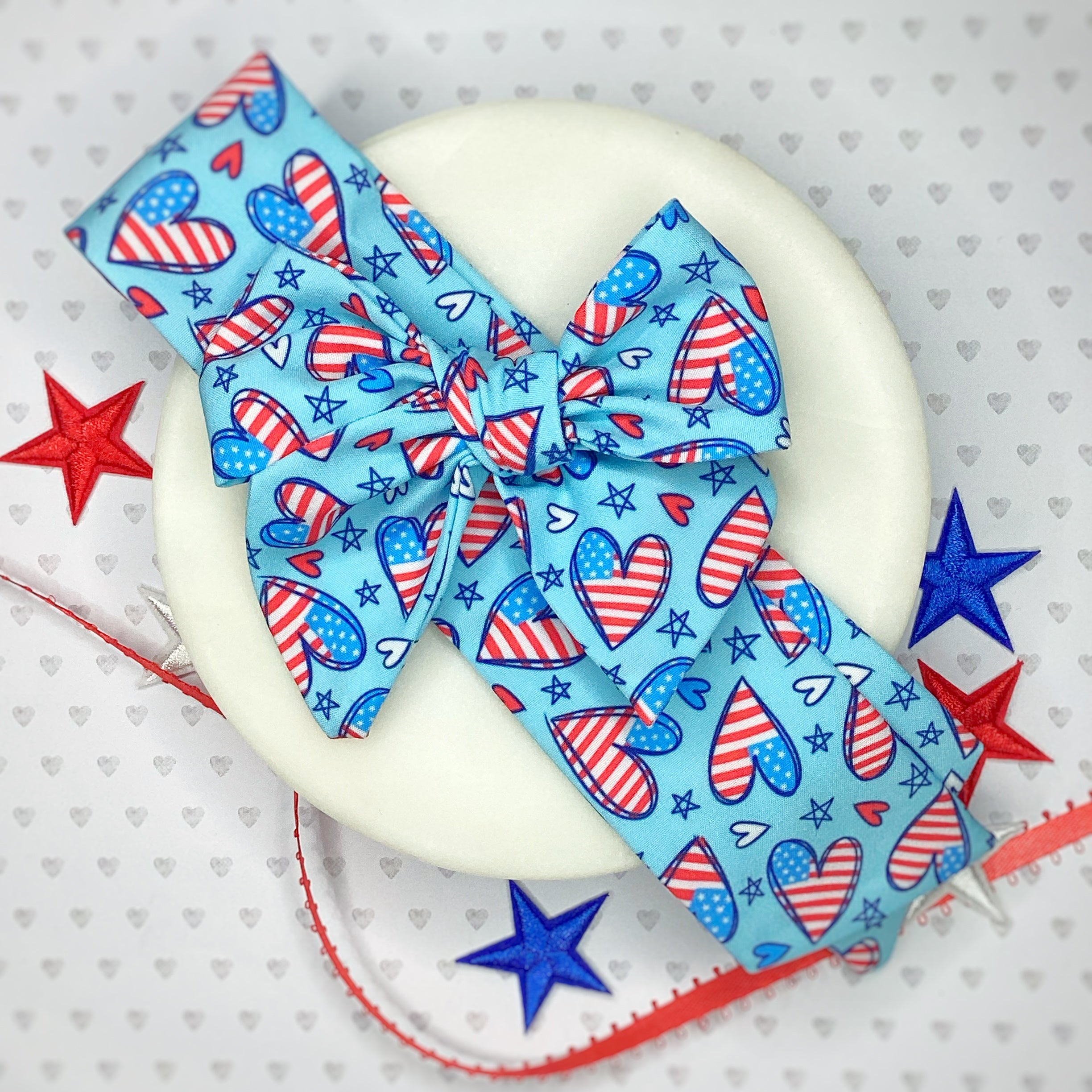 Patriotic Hearts Bow Strip, Baby Headwrap, Headband and Scrunchie Collection