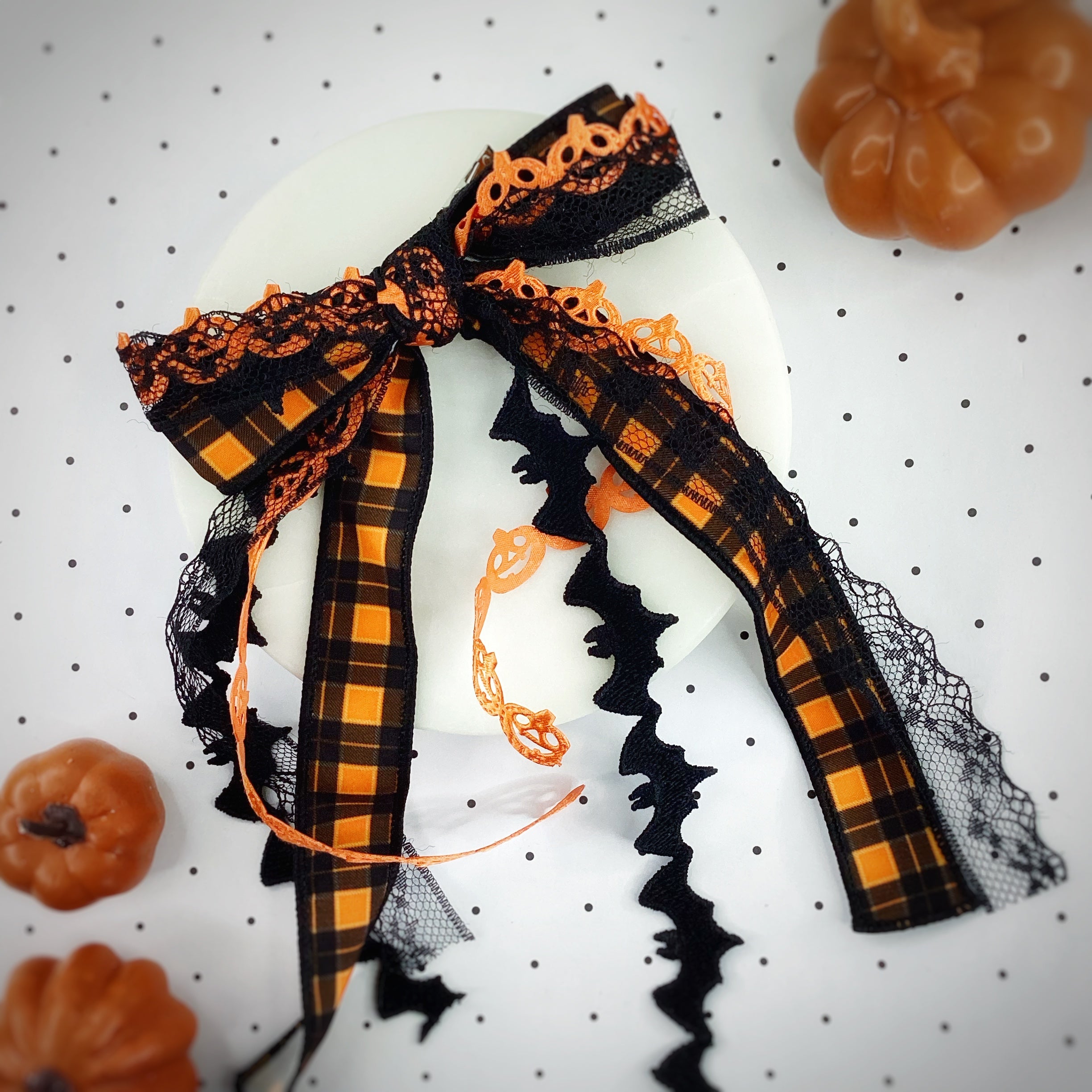Halloween Plaid and Lace Messy Trim Bows
