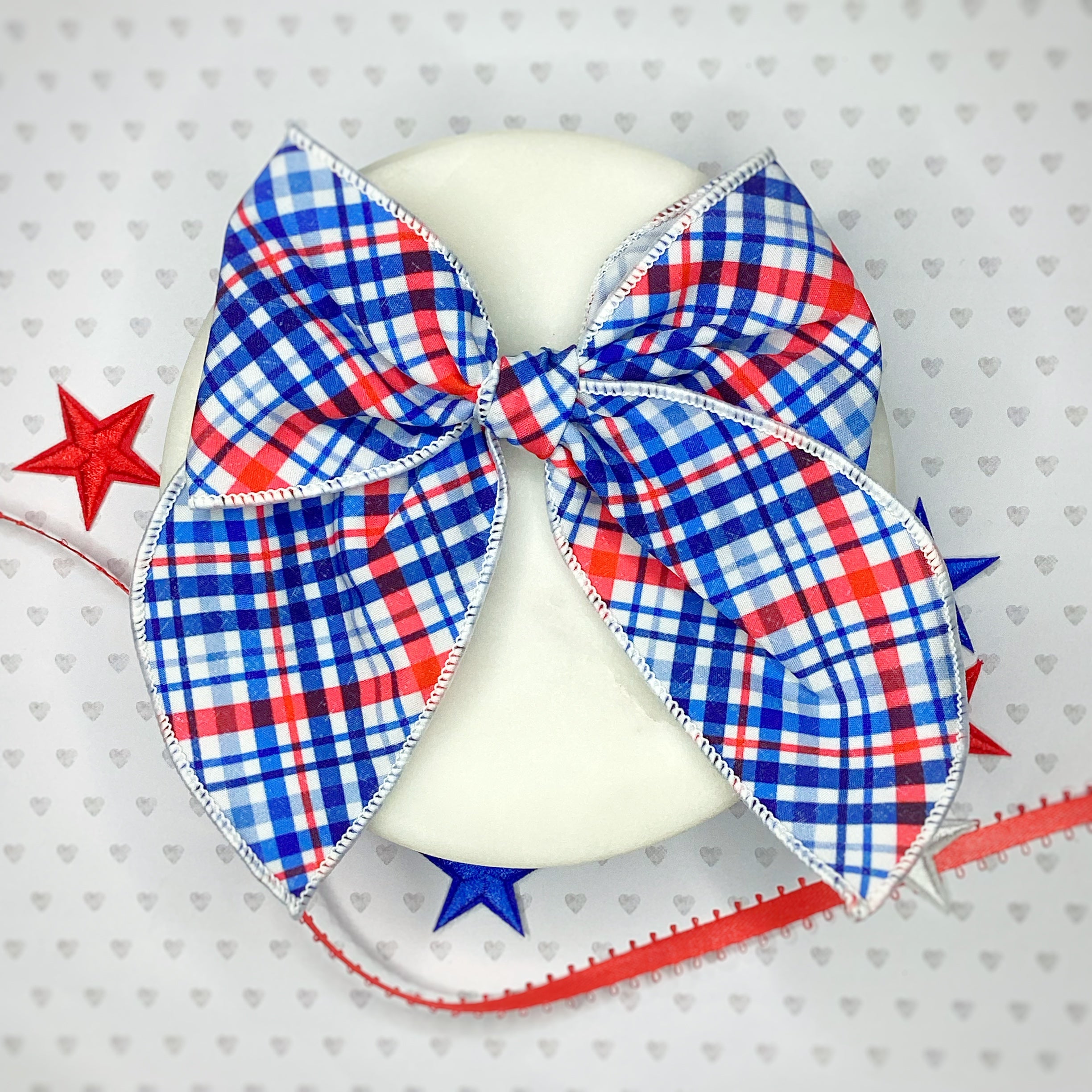 Patriotic Plaid Bow Strip, Headband and Scrunchie Collection