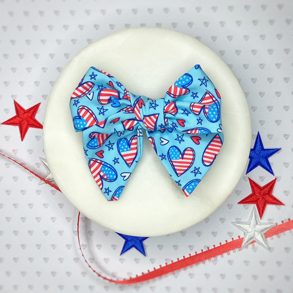 Patriotic Hearts Bow Strip, Baby Headwrap, Headband and Scrunchie Collection