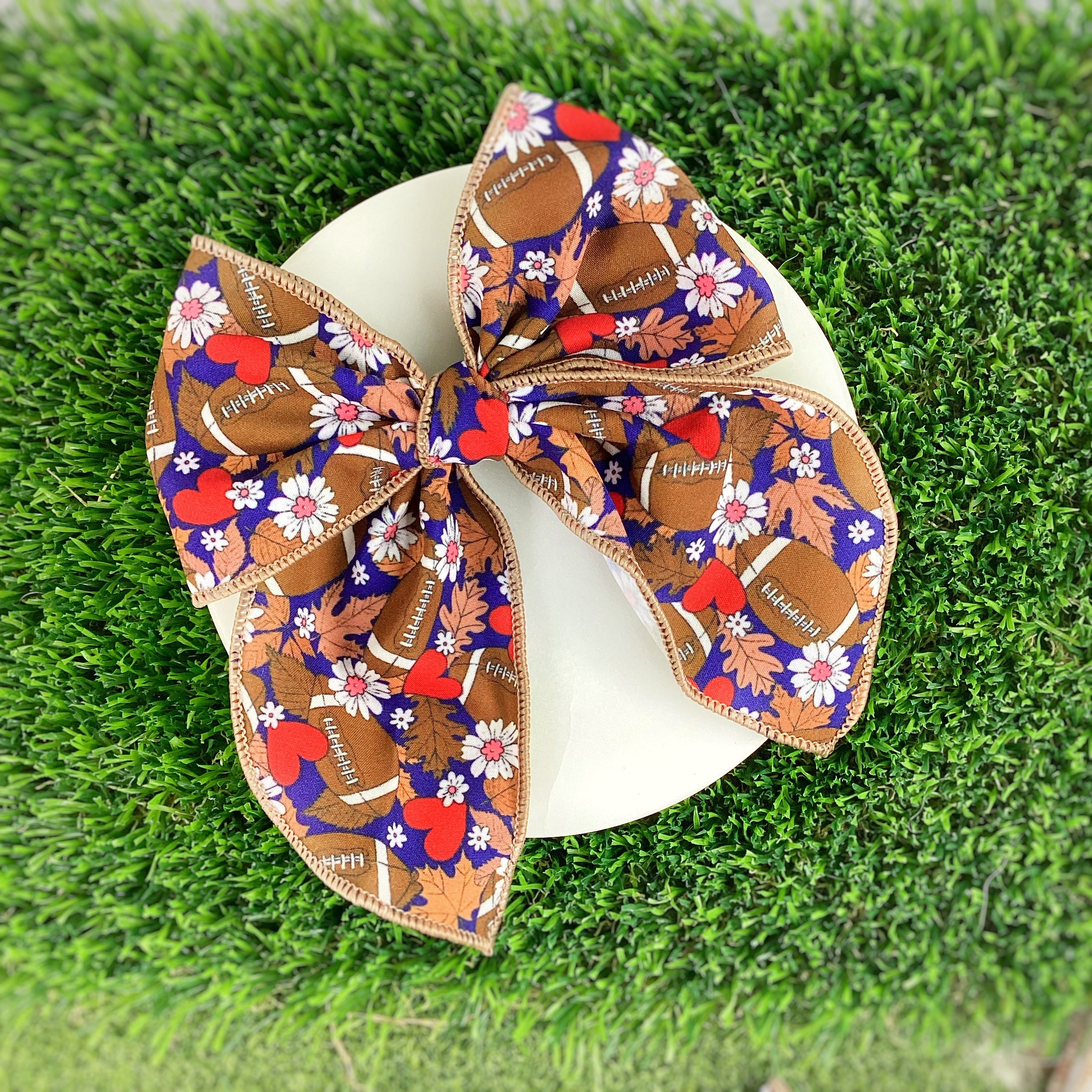 Navy with Red Hearts Football Bow Strip, Headband and Scrunchie Collection