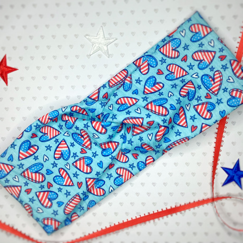Patriotic Hearts Bow Strip, Baby Headwrap, Headband and Scrunchie Collection