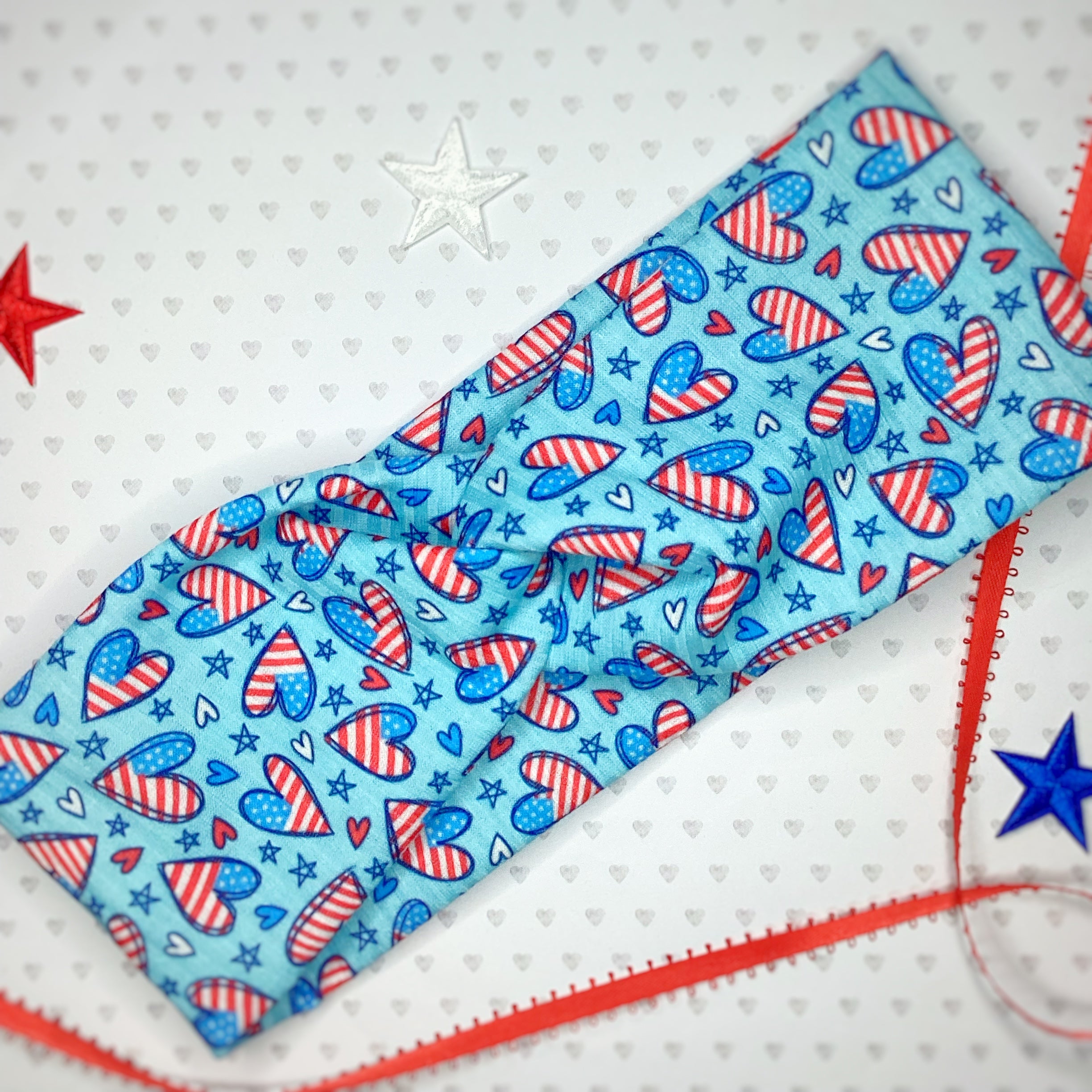 Patriotic Hearts Bow Strip, Baby Headwrap, Headband and Scrunchie Collection