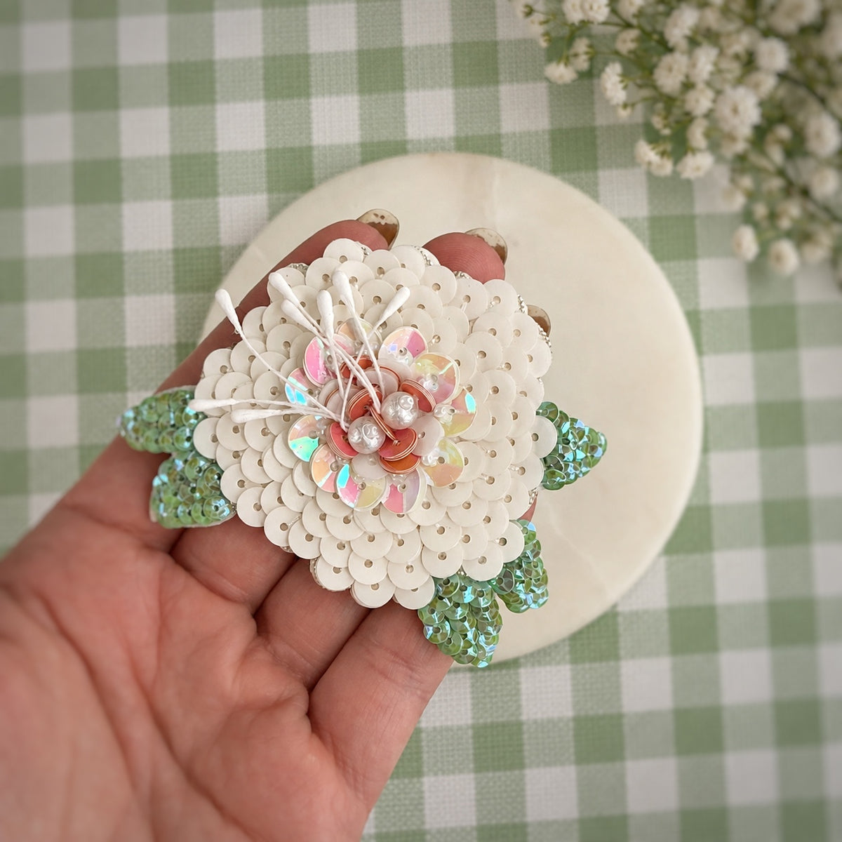 Hand Beaded and Sequin White Flower Bow Center