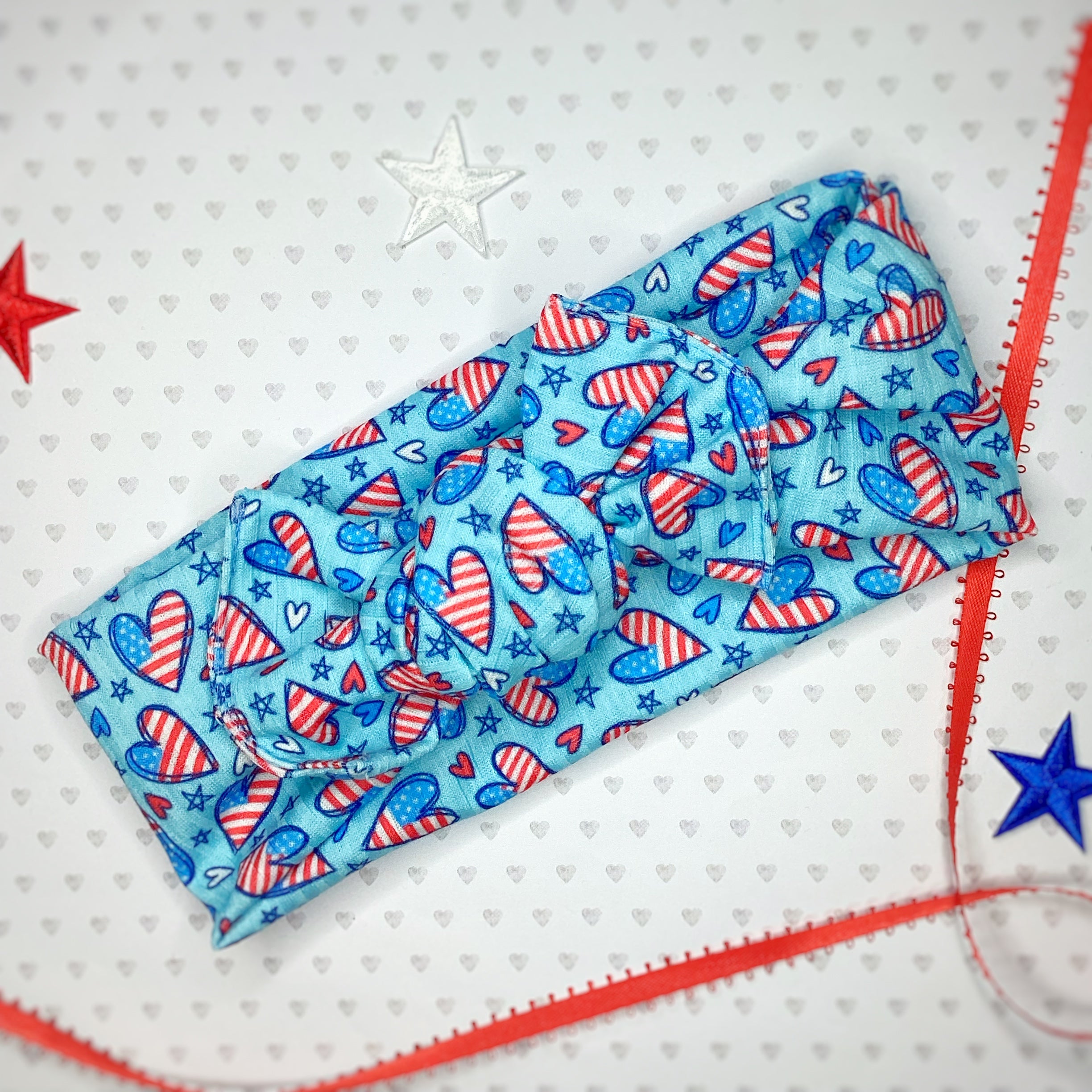 Patriotic Hearts Bow Strip, Baby Headwrap, Headband and Scrunchie Collection