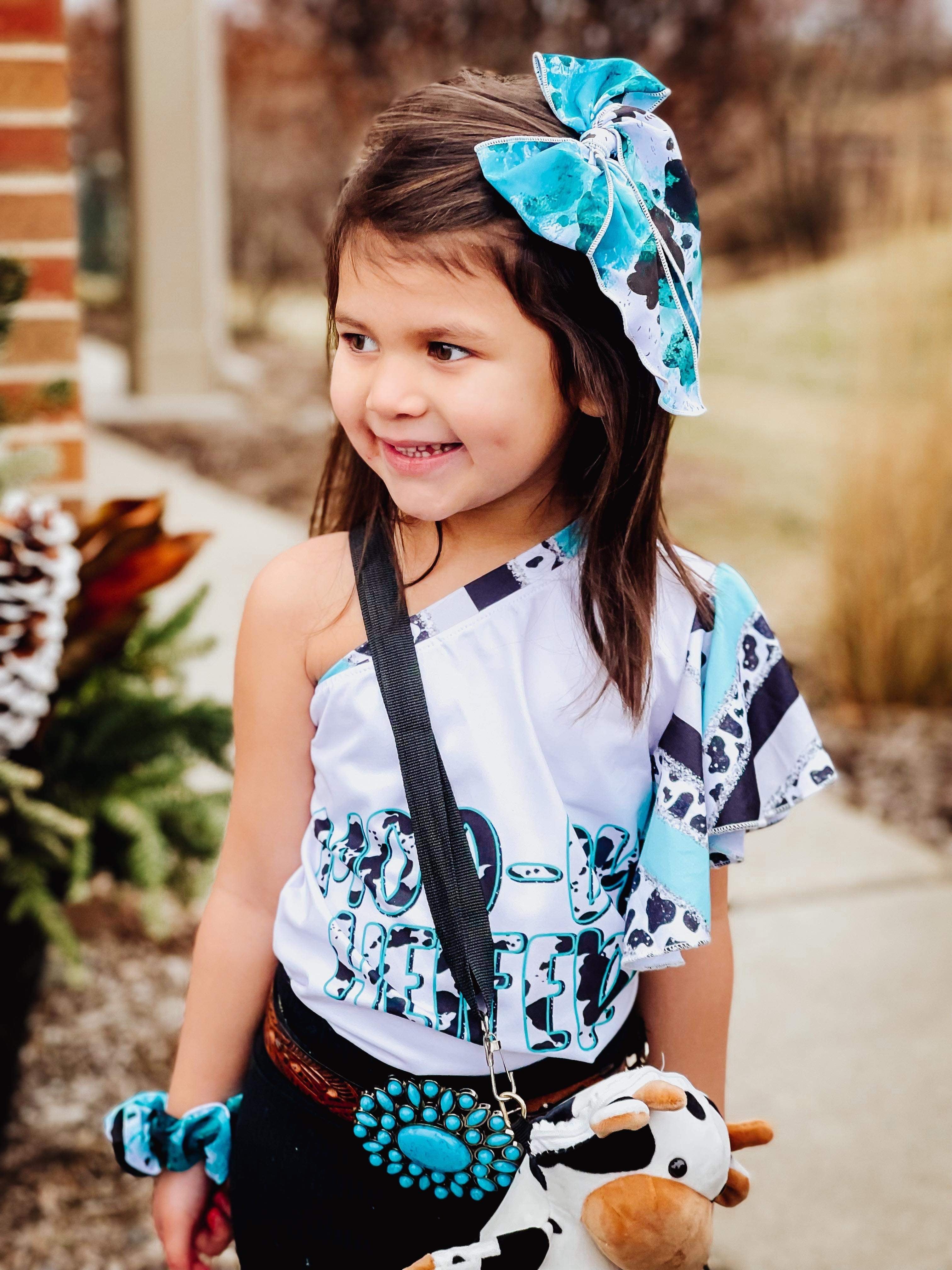 Turquoise Western Cow Print Bow Strip and Scrunchie Collection