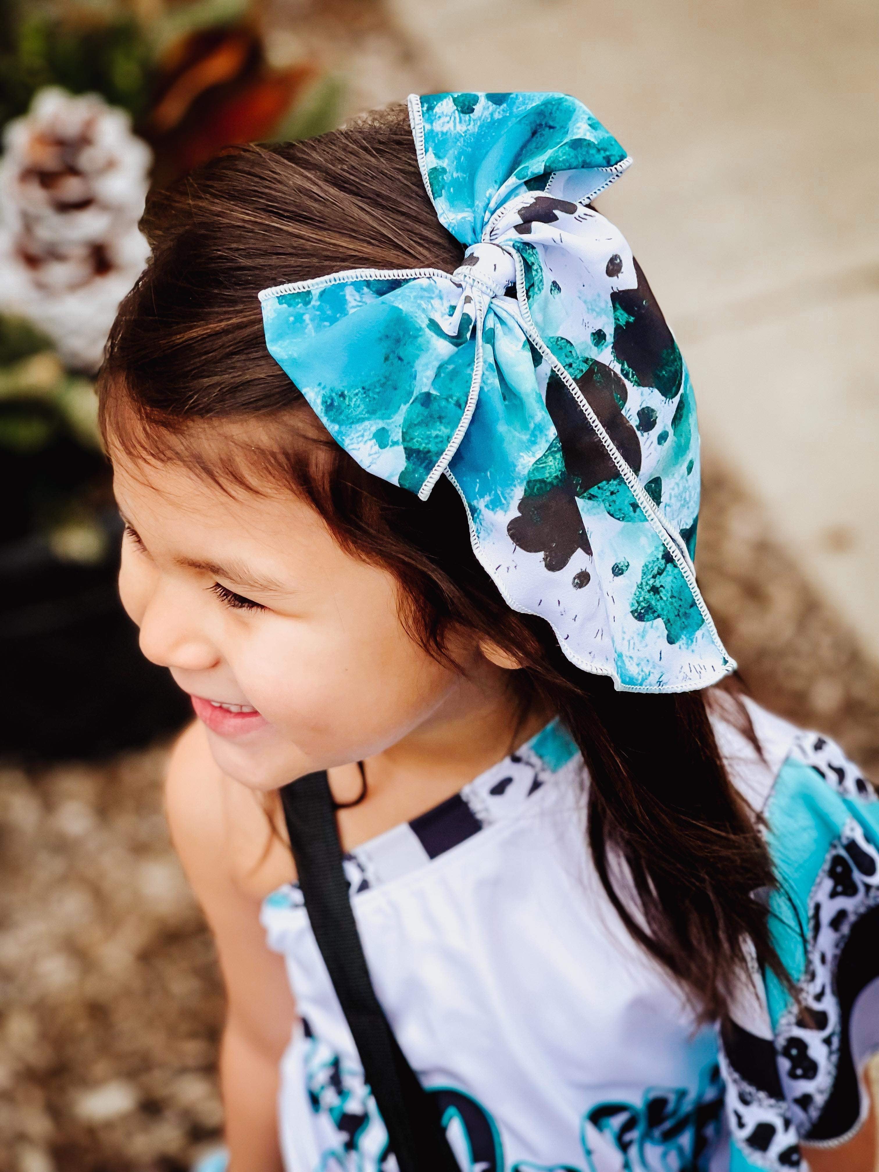 Turquoise Western Cow Print Bow Strip and Scrunchie Collection
