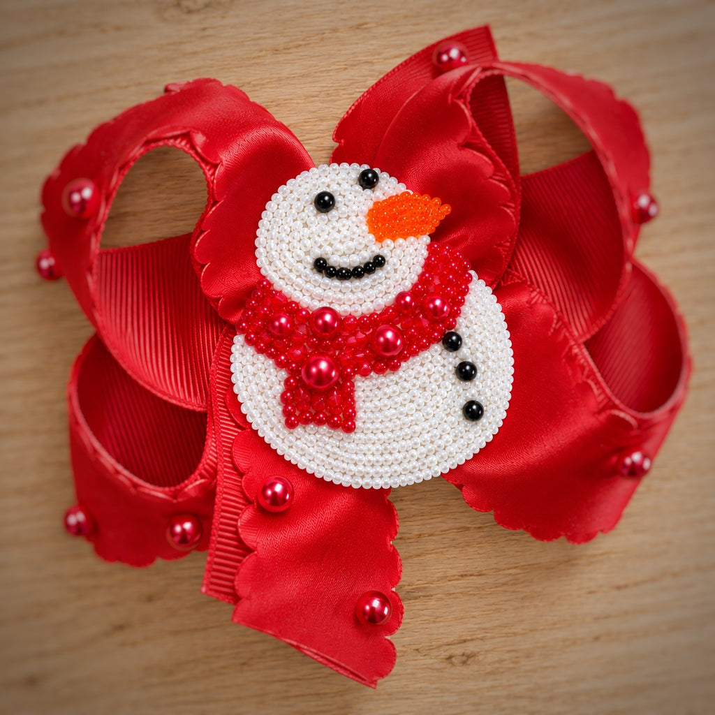 Hand Beaded Snowman Bow Center