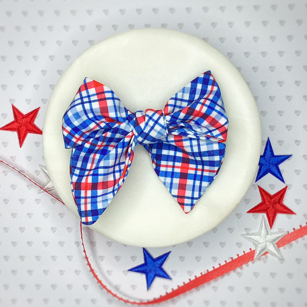 Patriotic Plaid Bow Strip, Headband and Scrunchie Collection