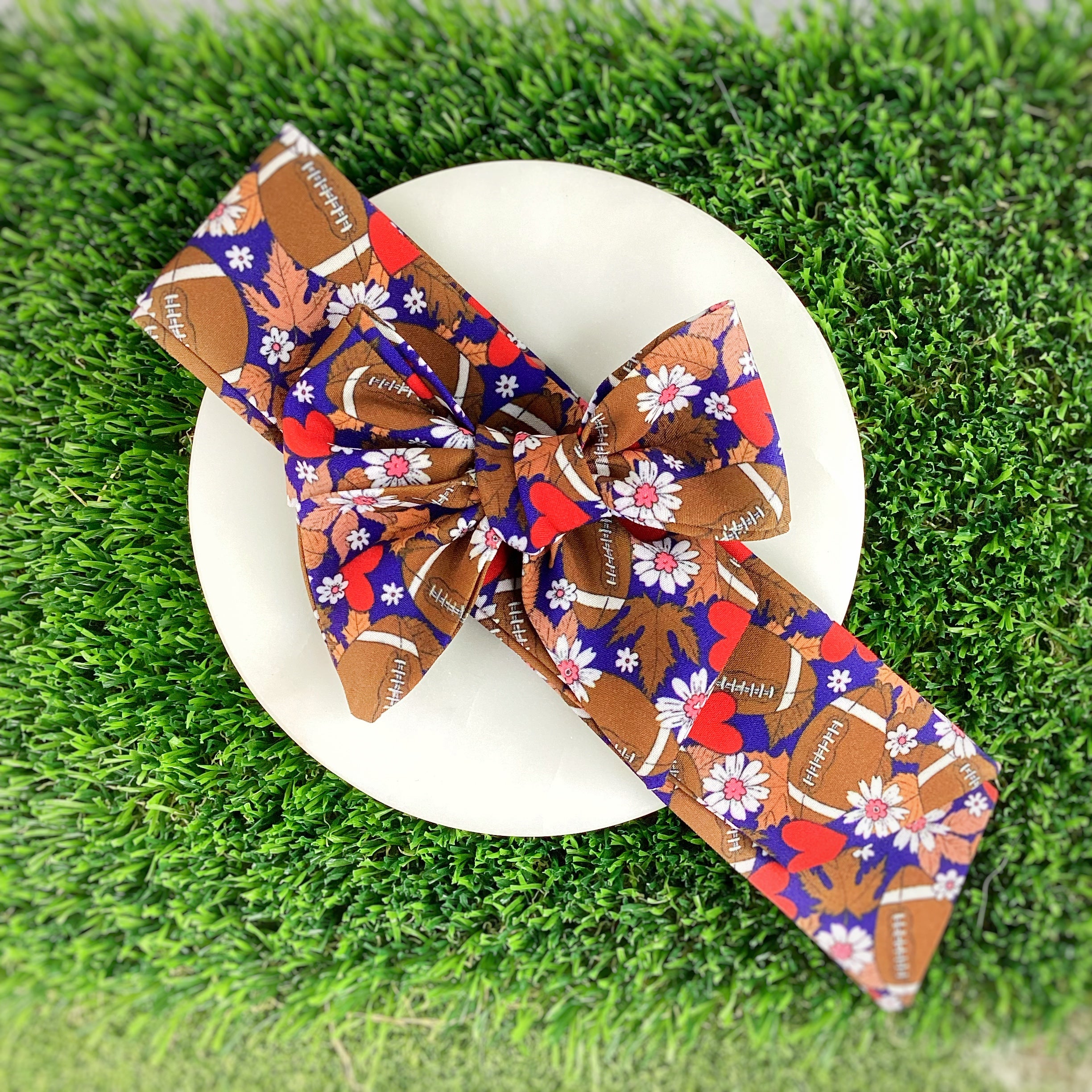 Navy with Red Hearts Football Bow Strip, Headband and Scrunchie Collection