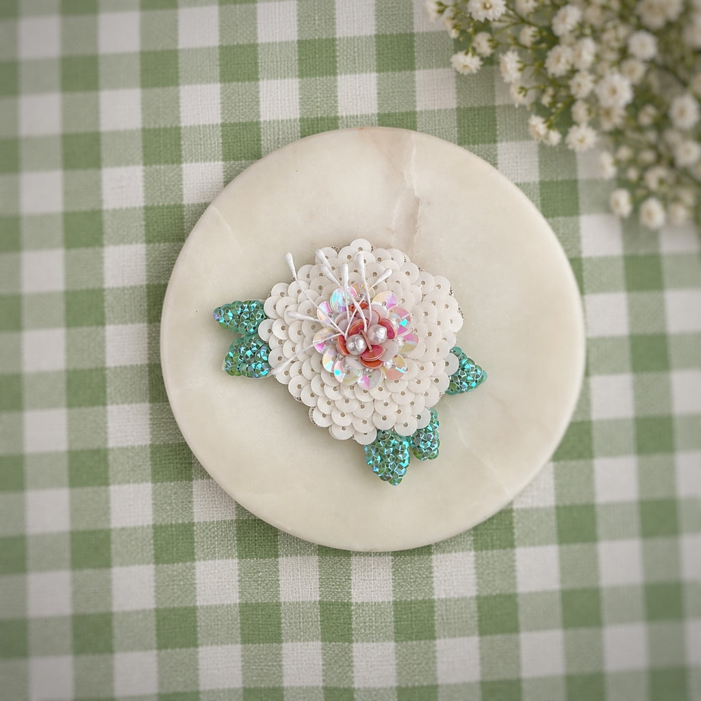 Hand Beaded and Sequin White Flower Bow Center