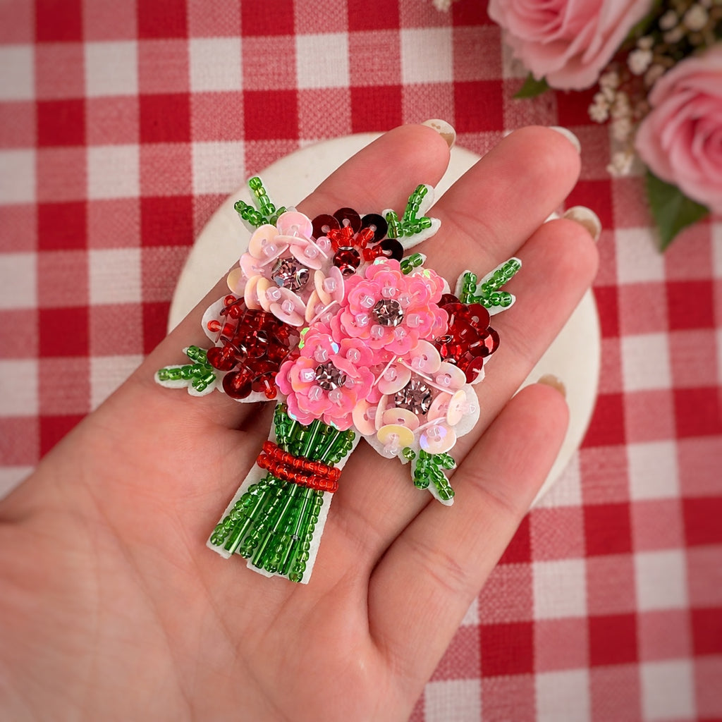 Hand Beaded Pink and Red Flower Bouquet Bow Center