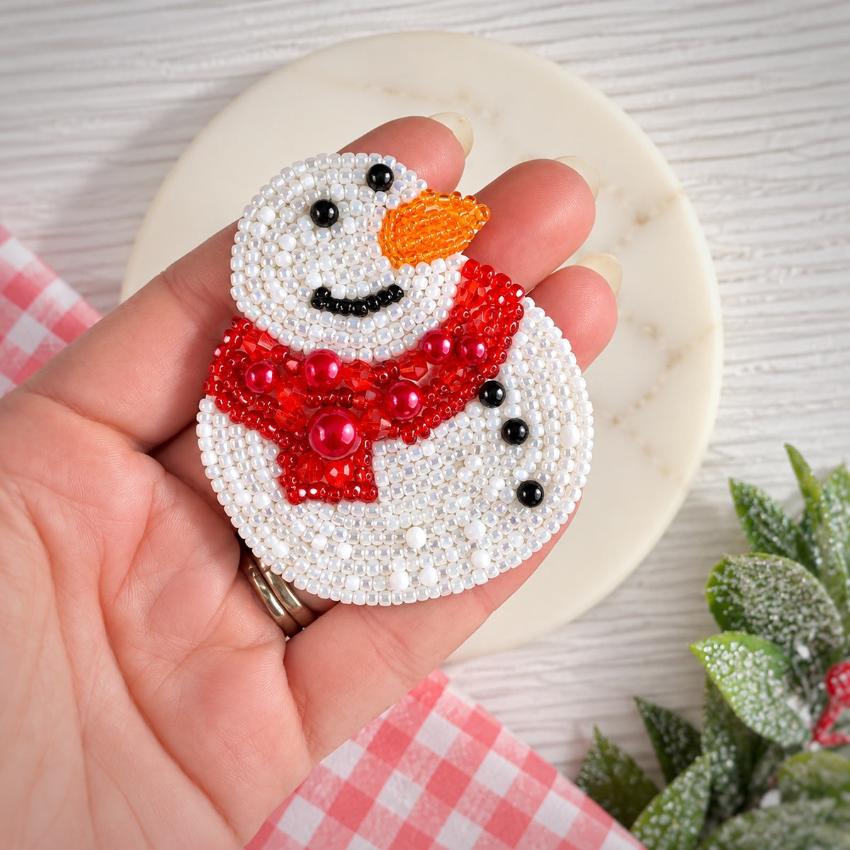 Hand Beaded Snowman Bow Center