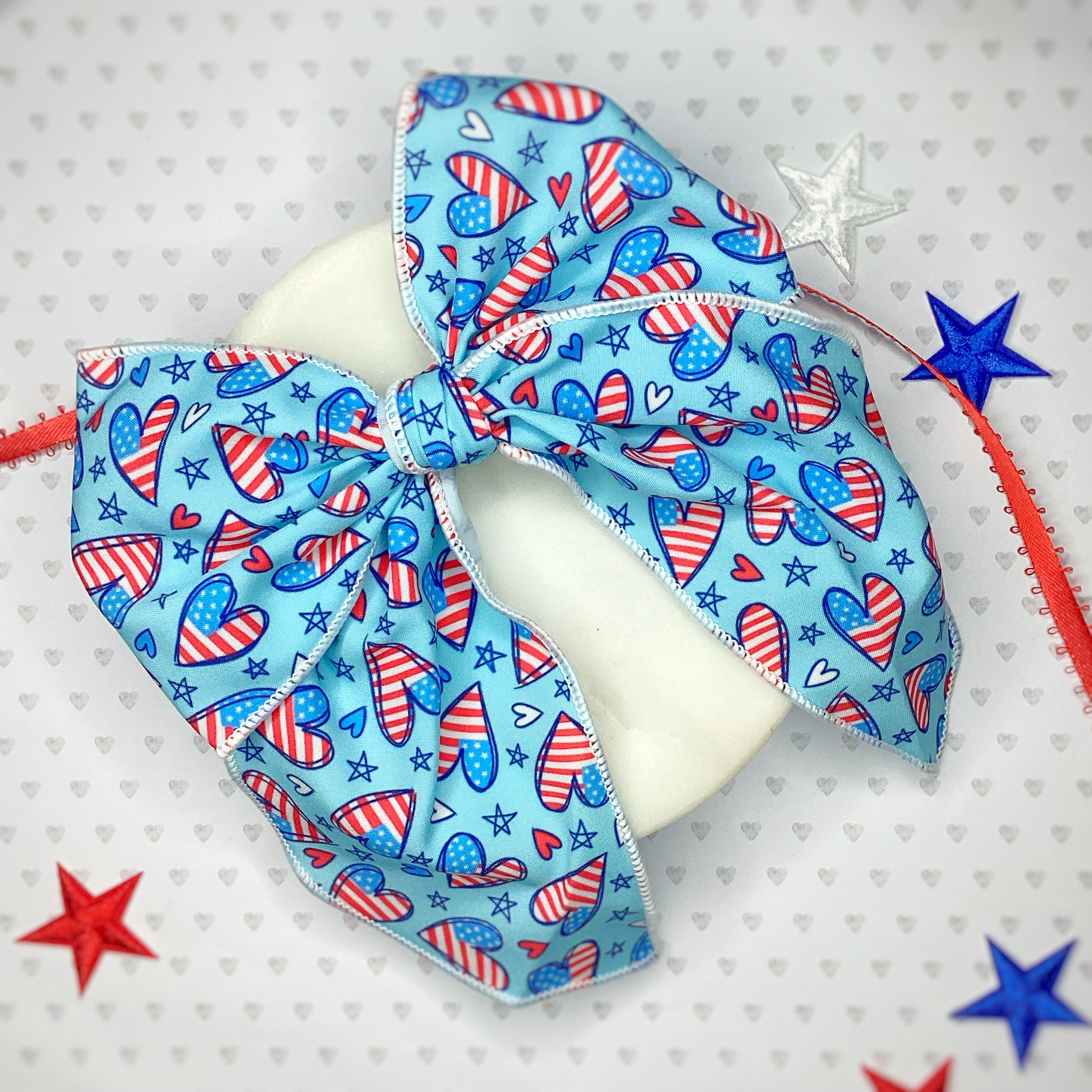 Patriotic Hearts Bow Strip, Baby Headwrap, Headband and Scrunchie Collection