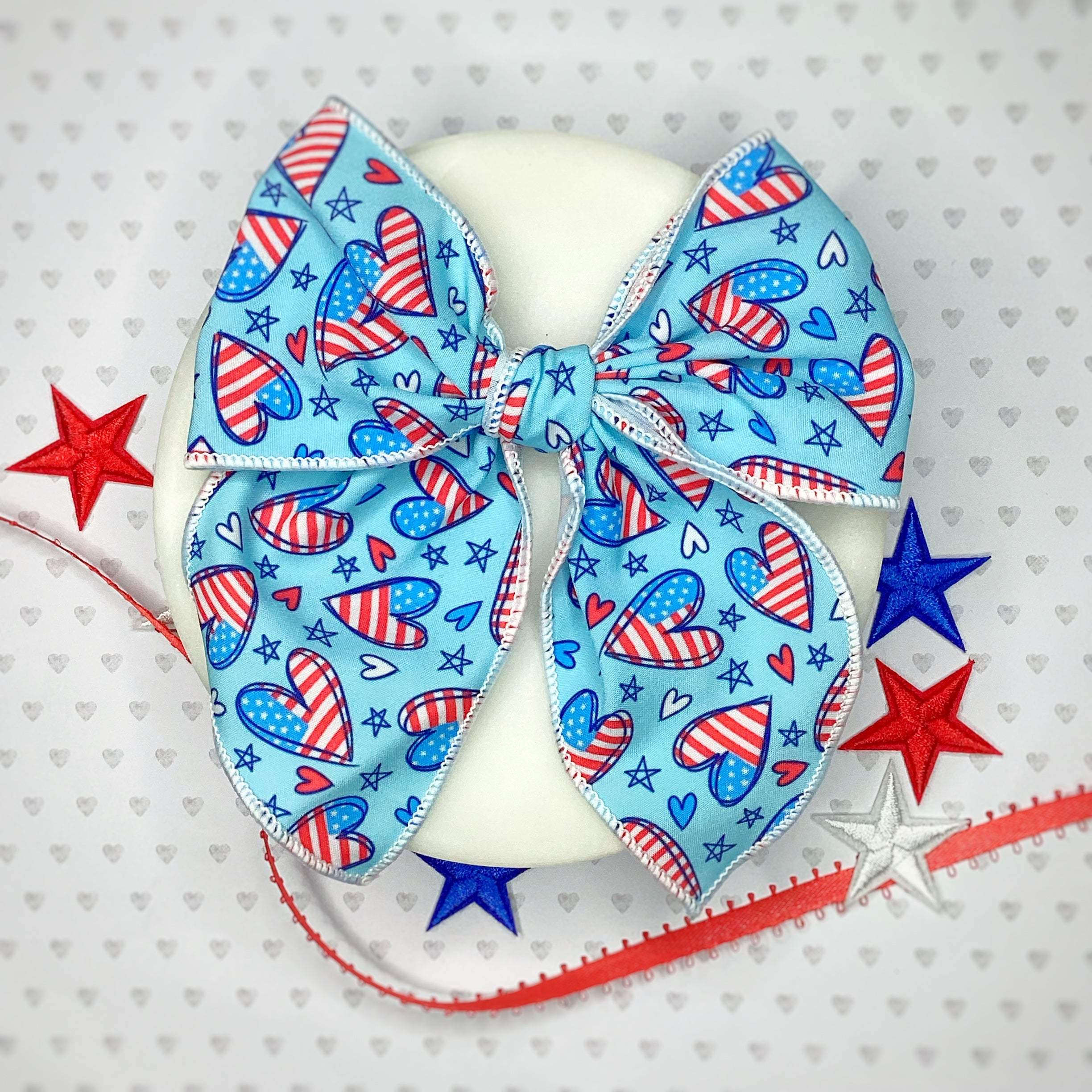 Patriotic Hearts Bow Strip, Baby Headwrap, Headband and Scrunchie Collection