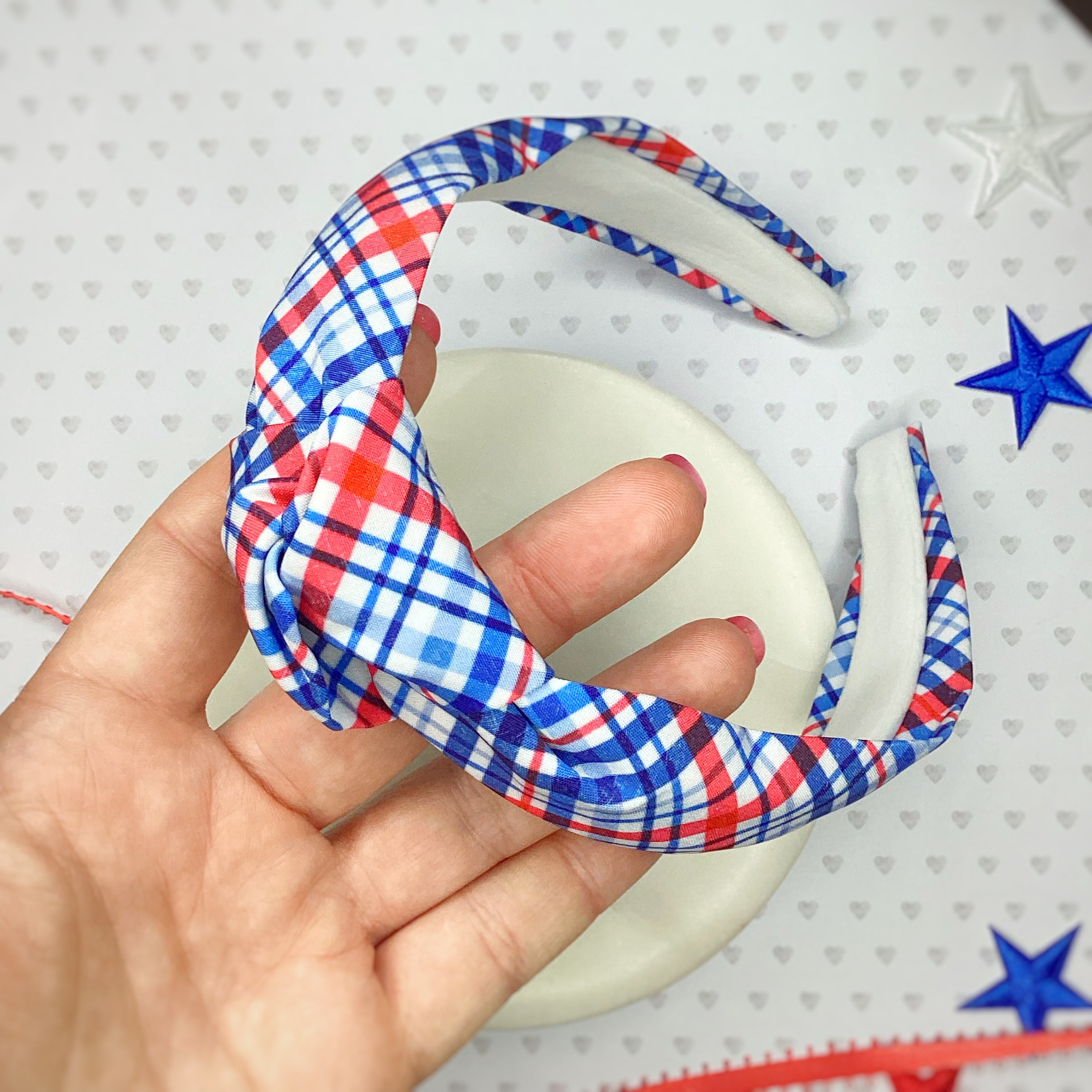 Patriotic Plaid Bow Strip, Headband and Scrunchie Collection