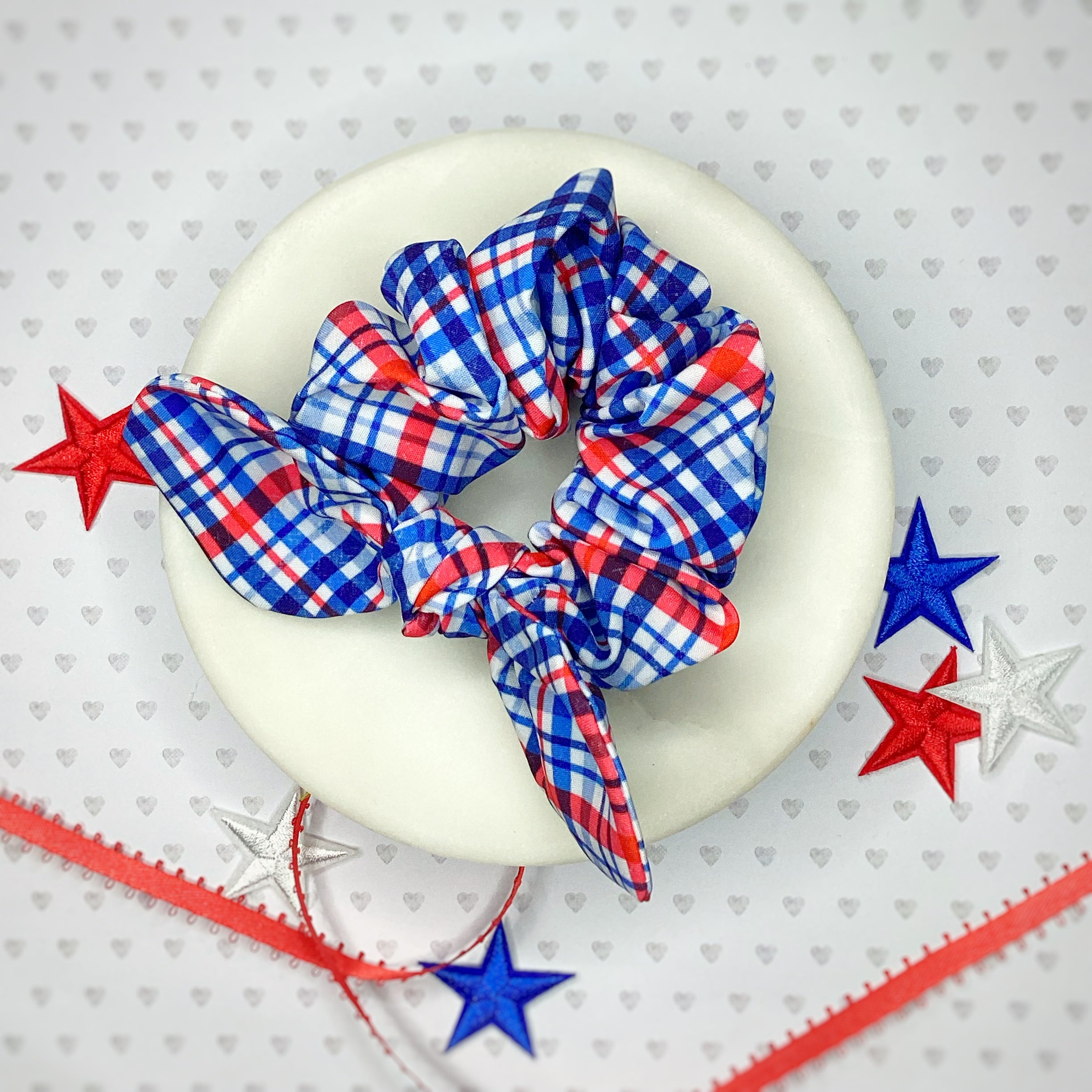 Patriotic Plaid Bow Strip, Headband and Scrunchie Collection