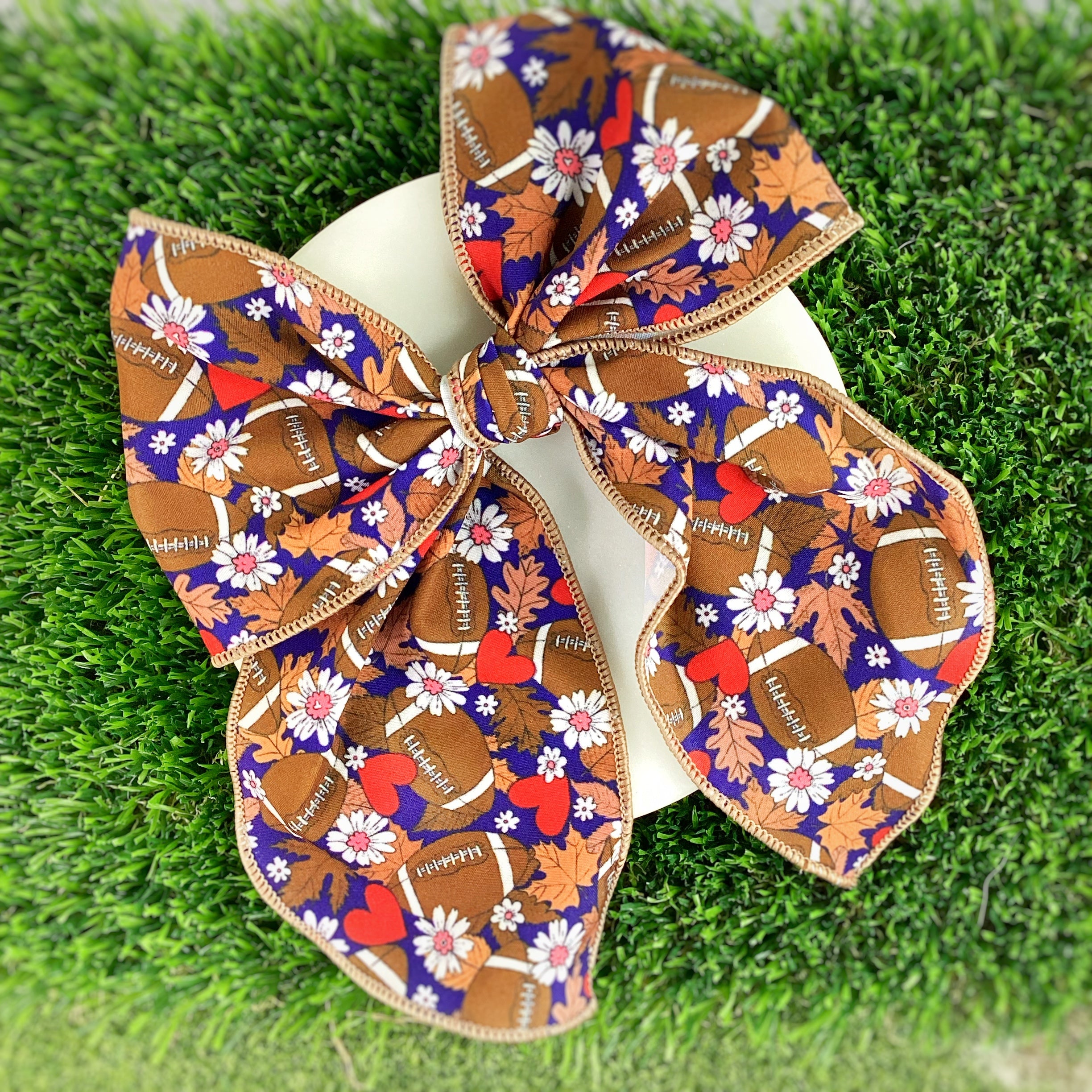 Navy with Red Hearts Football Bow Strip, Headband and Scrunchie Collection