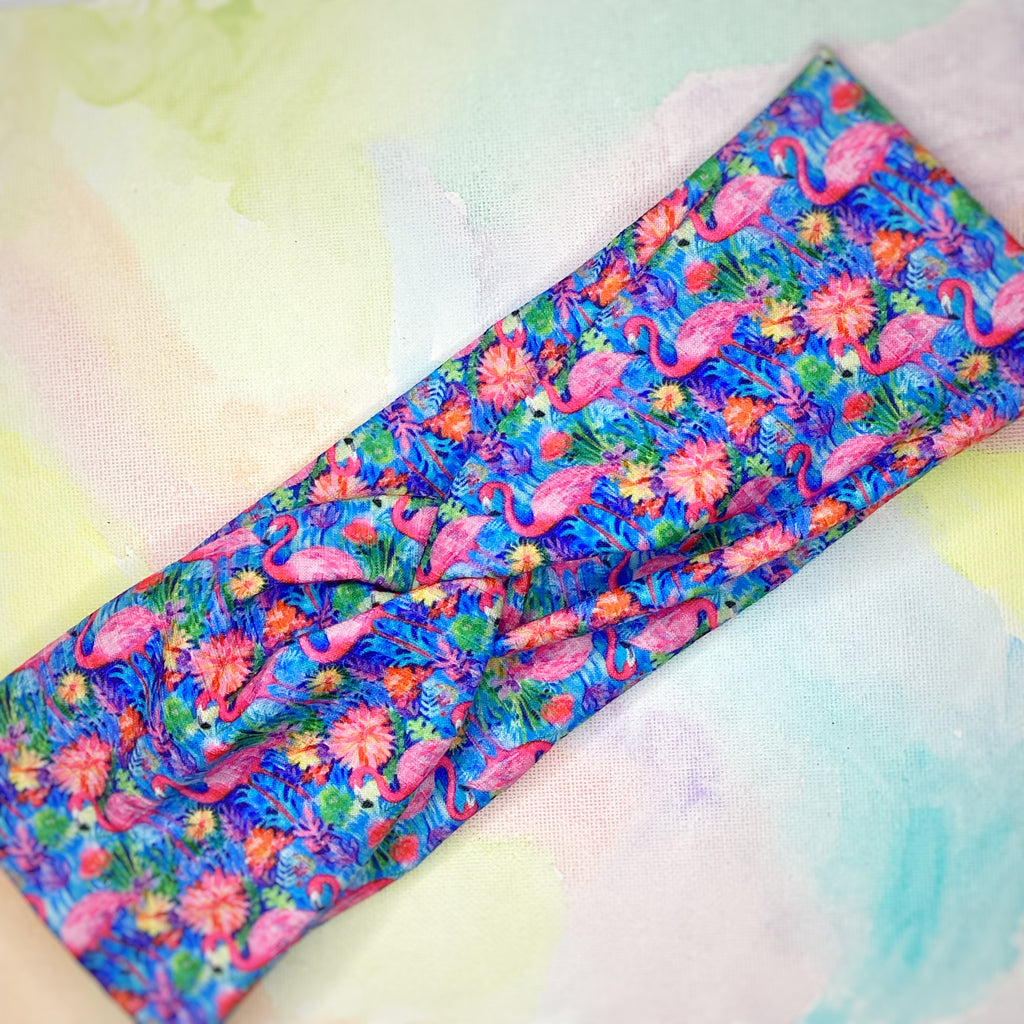 Colorful Flamingos Bow Strip, Headband, Baby Headwrap and Scrunchie Collection