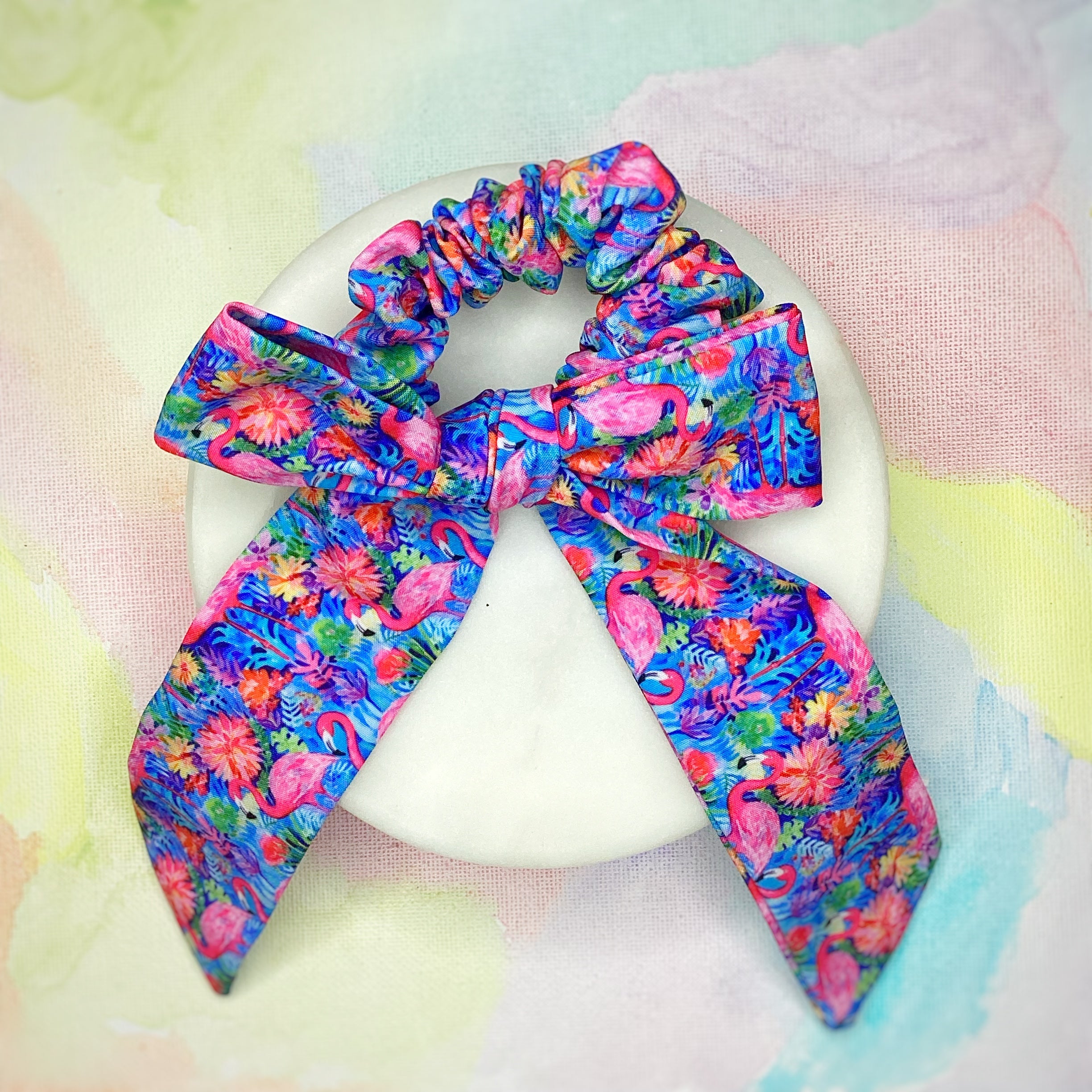 Colorful Flamingos Bow Strip, Headband, Baby Headwrap and Scrunchie Collection