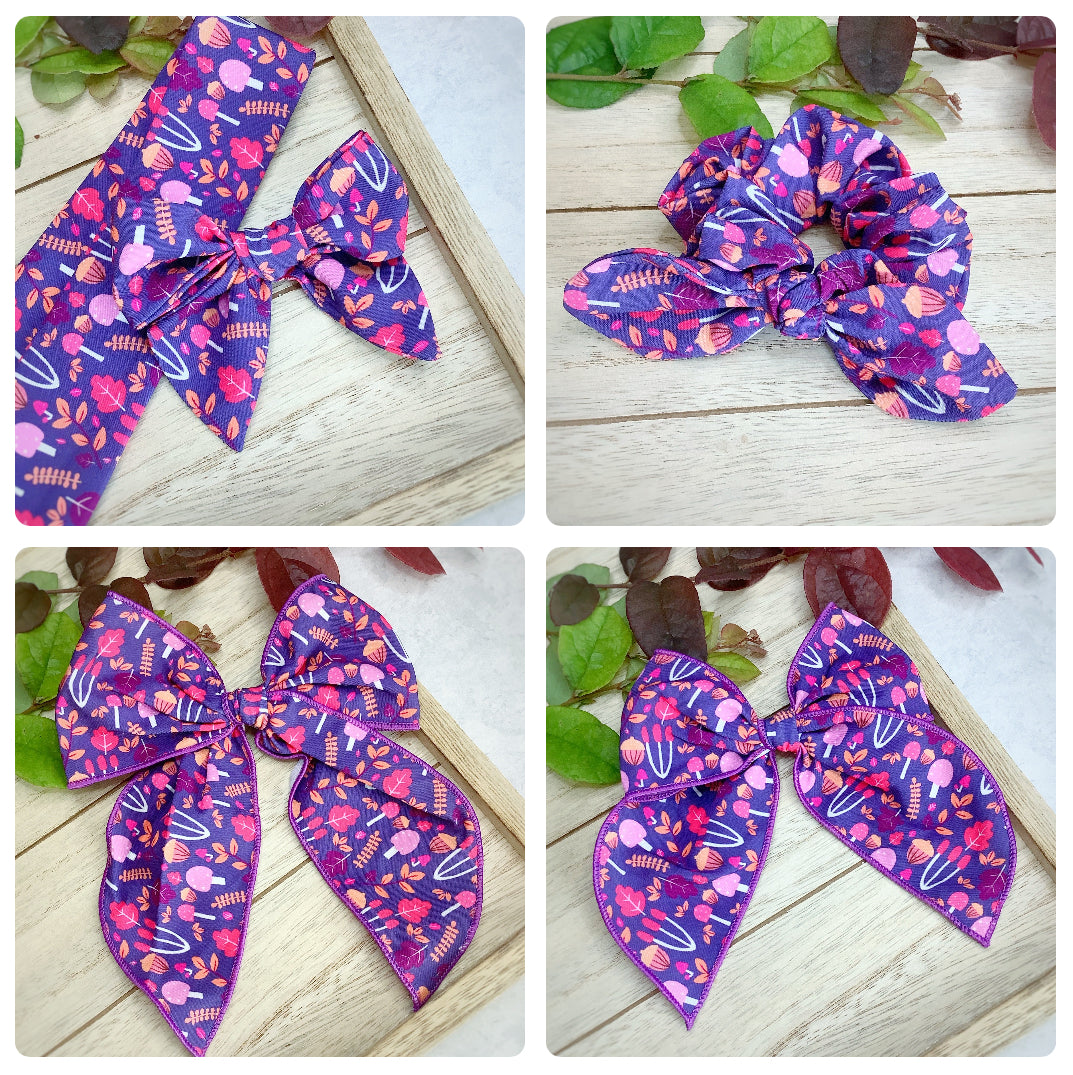 Purple Mushrooms Bow Strip and Scrunchie Collection