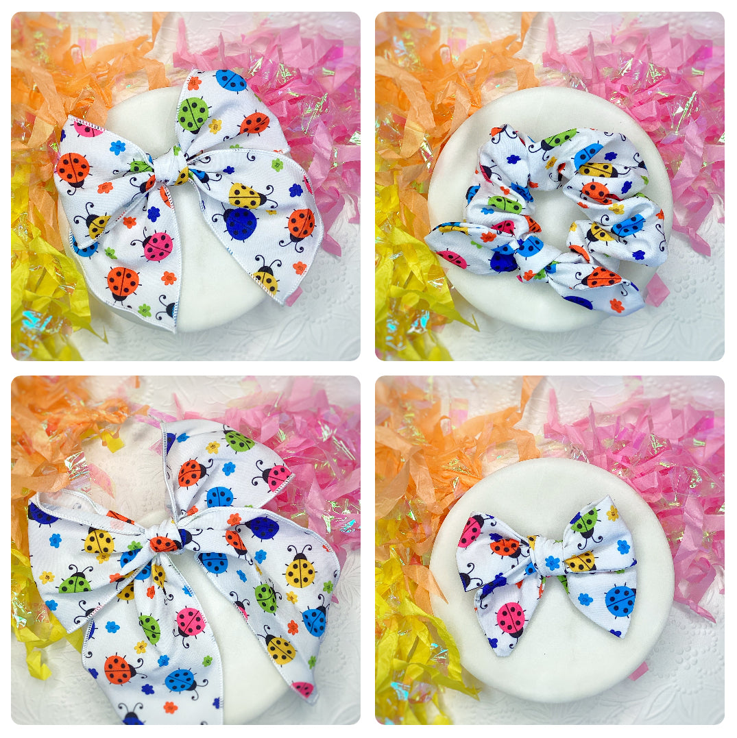 Multicolor Ladybugs Bow Strip and Scrunchie Collection