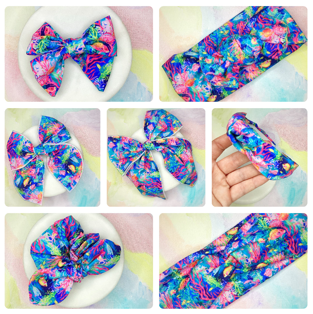 Tropical Designer Fish Bow Strip, Baby Headwrap, Headband and Scrunchie Collection