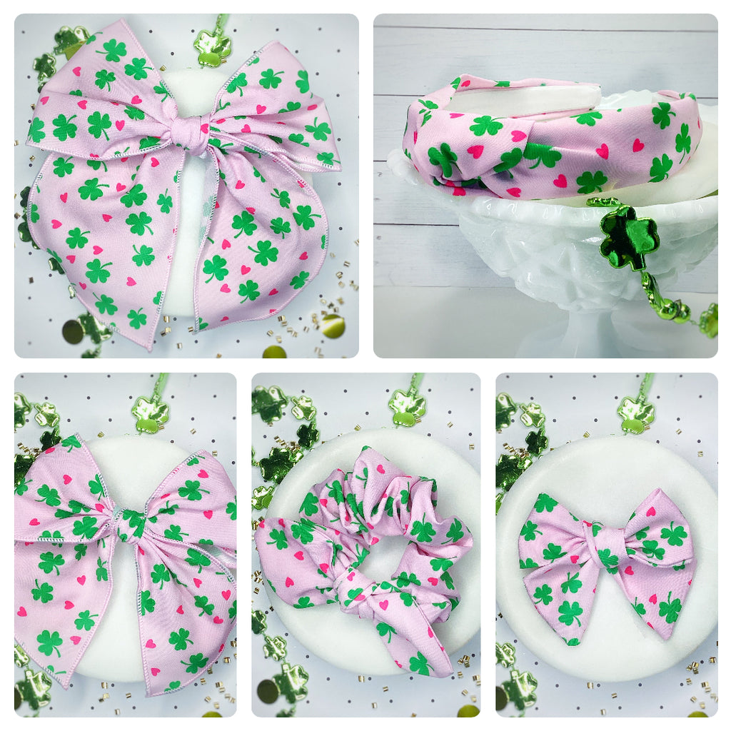 Pink Hearts and Shamrocks Bow Strip, Headband and Scrunchie Collection