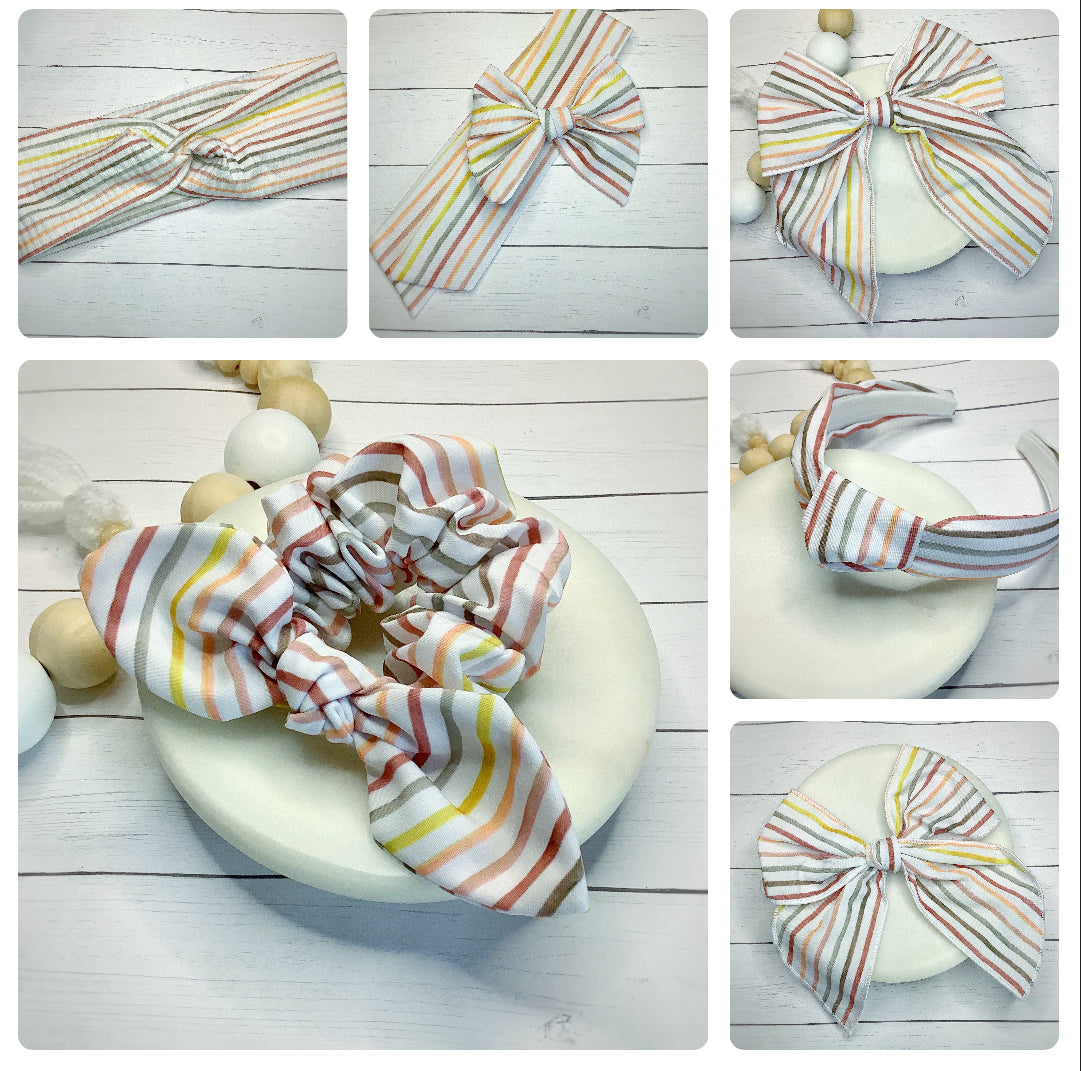 Neutral Multi Stripes Bow Strip, Headband and Scrunchie Collection