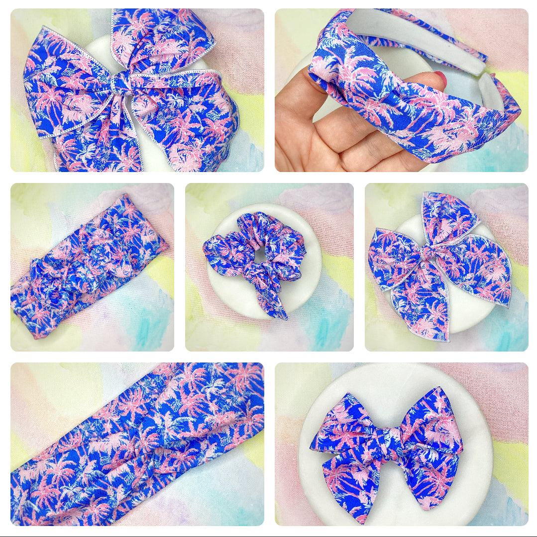Designer Palm Trees Bow Strip, Headband, Baby Headwrap and Scrunchie Collection
