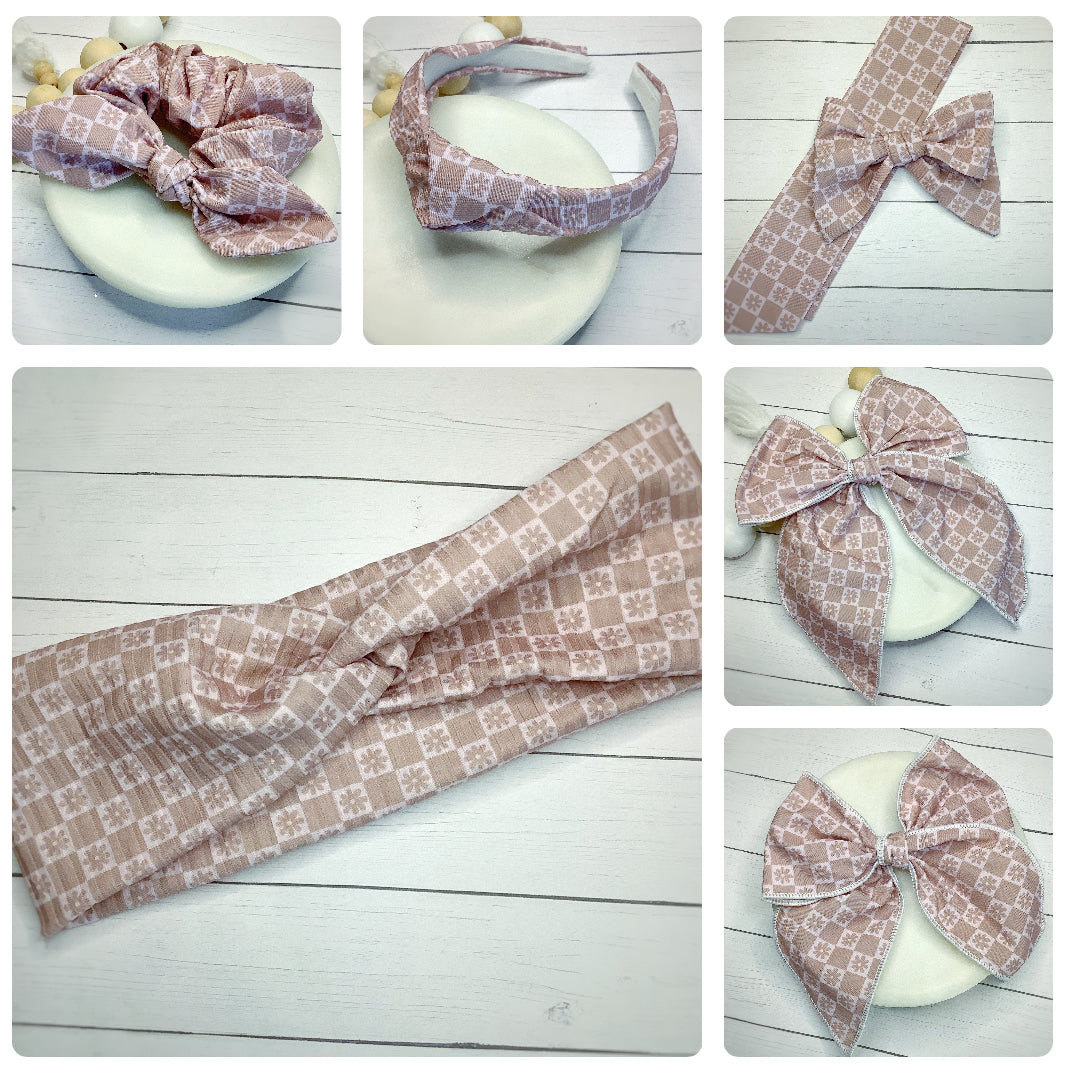 Neutral Checkered Daisies Bow Strip, Headband and Scrunchie Collection