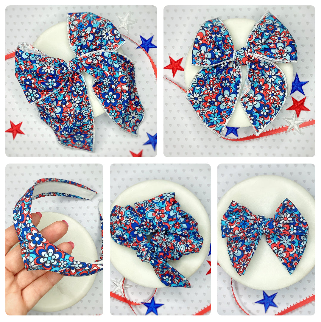 Patriotic Mod Florals Bow Strip, Headband and Scrunchie Collection