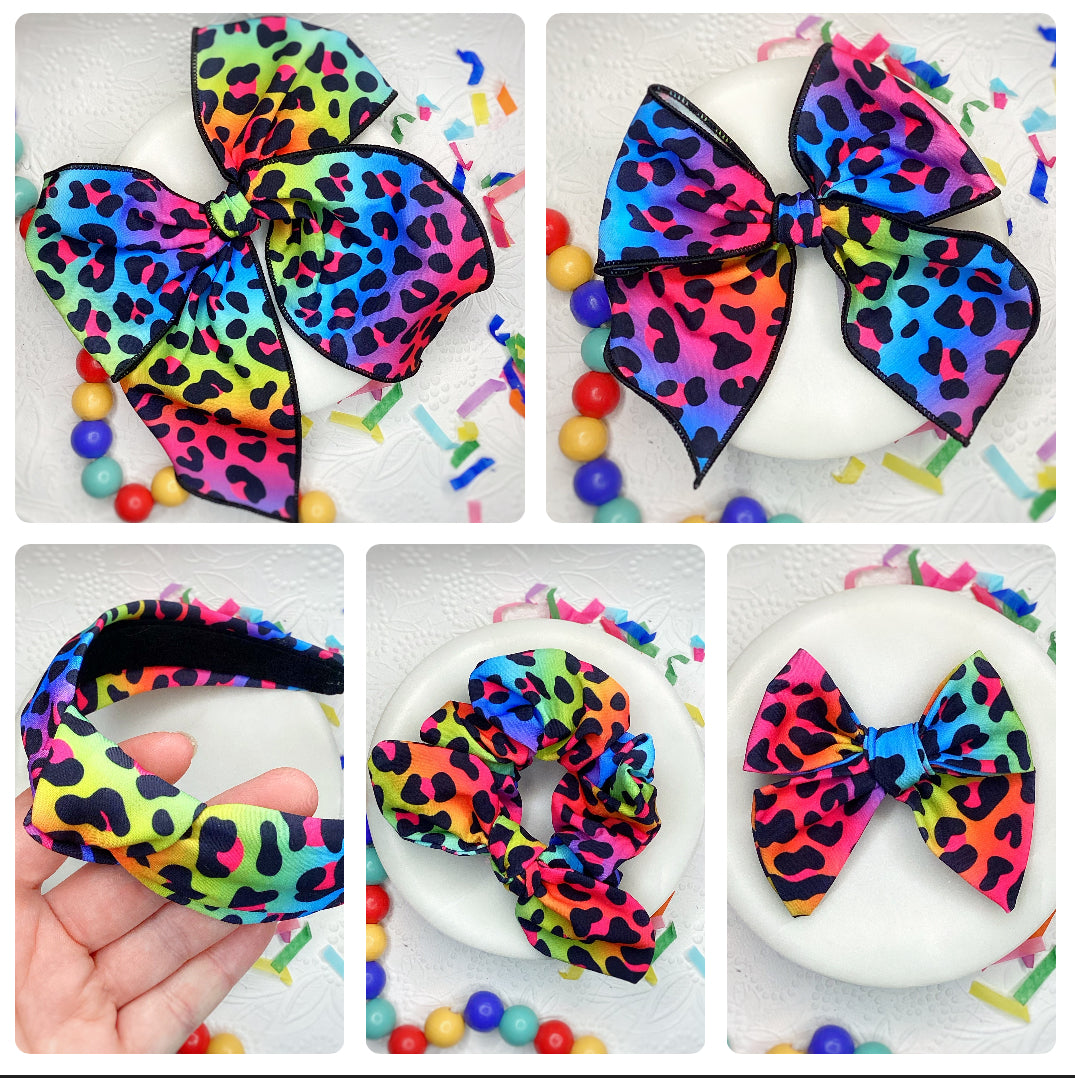Rainbow Leopard Bow Strip, Headband and Scrunchie Collection