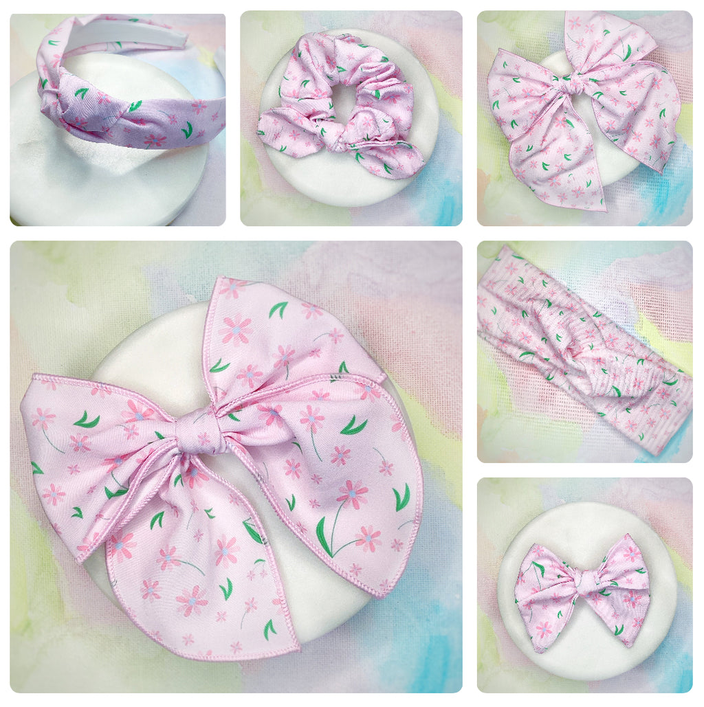 Delicate Pink Flowers Bow Strip, Headband and Scrunchie Collection