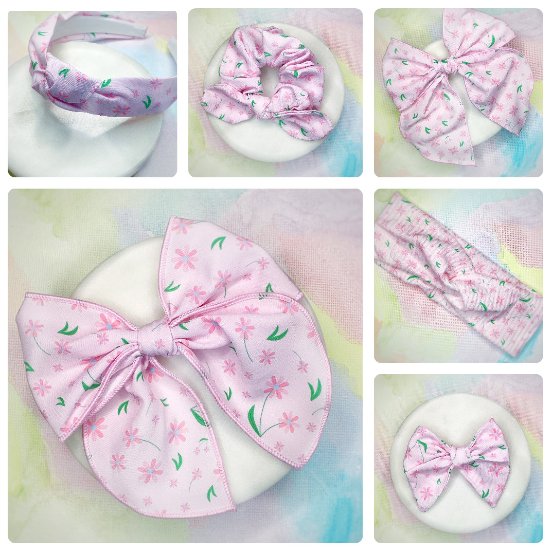 Delicate Pink Flowers Bow Strip, Headband and Scrunchie Collection